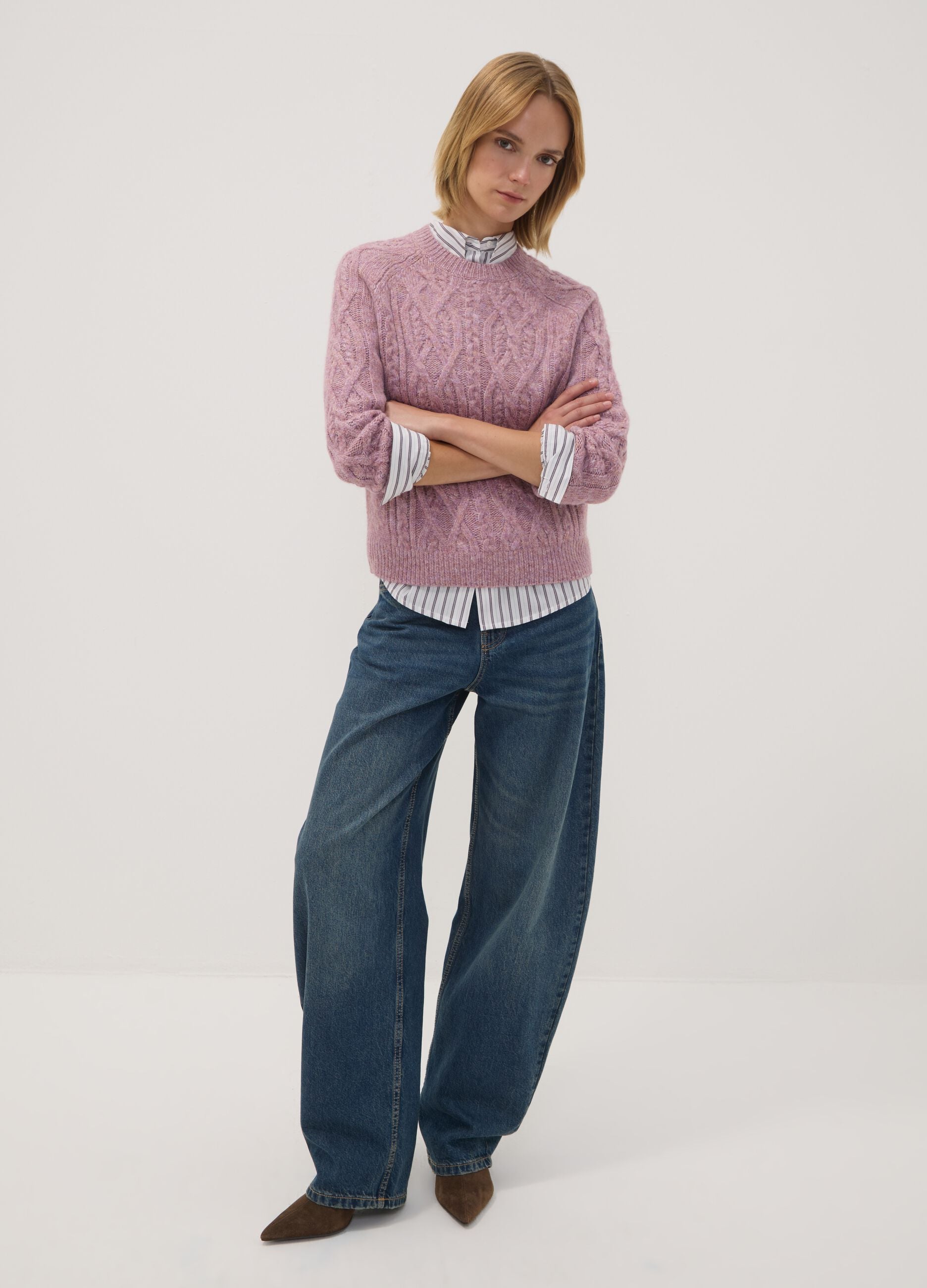 Pink wool-blend cable-knit crew neck jumper