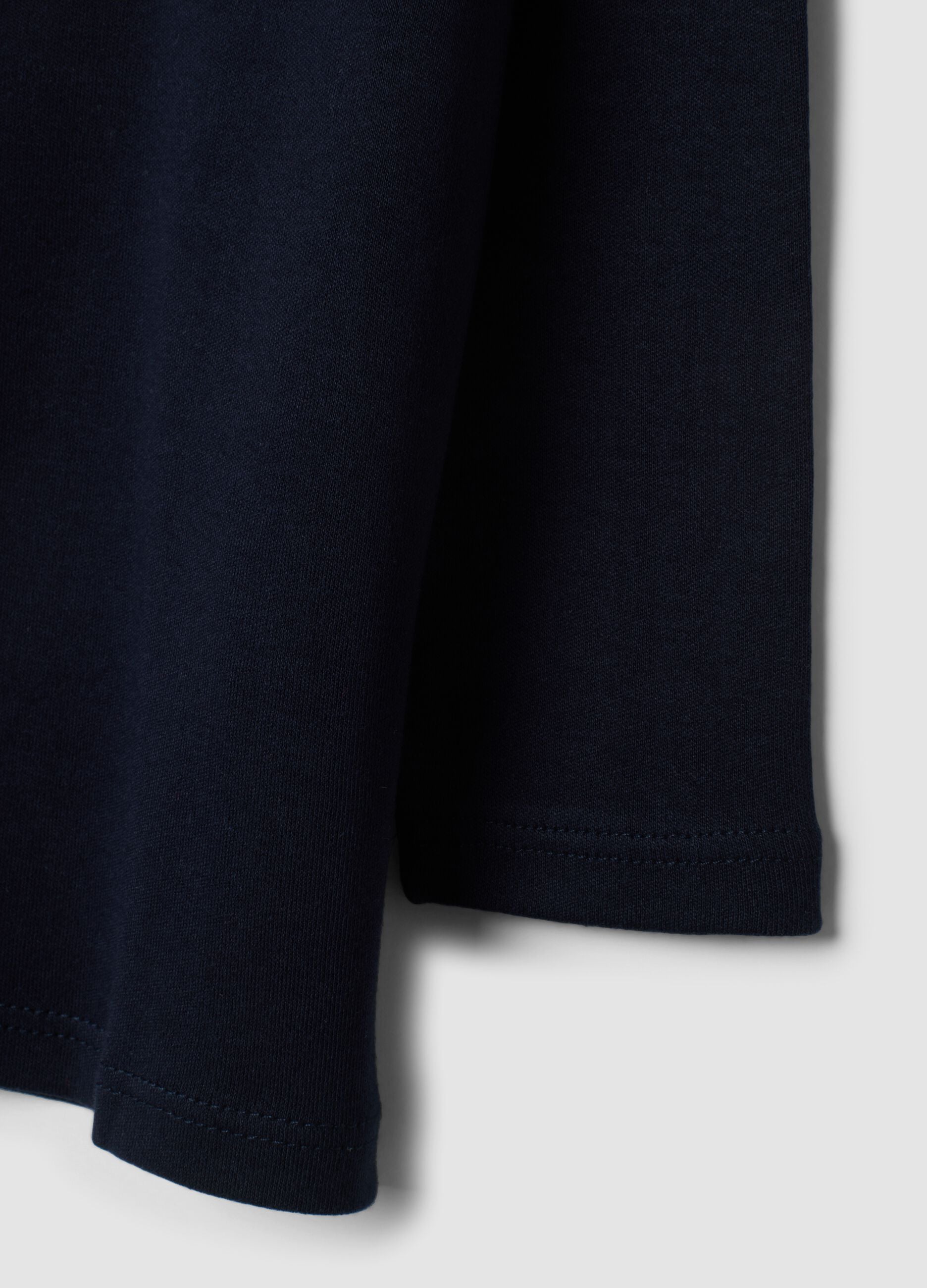Navy pure cotton T-shirt with ruffled high neck