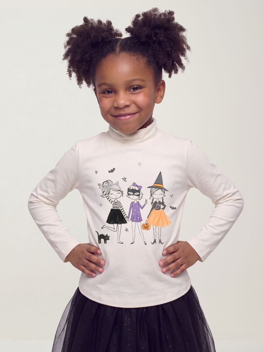 T-shirt bianca in cotone elasticizzato con Collo rialzato_1