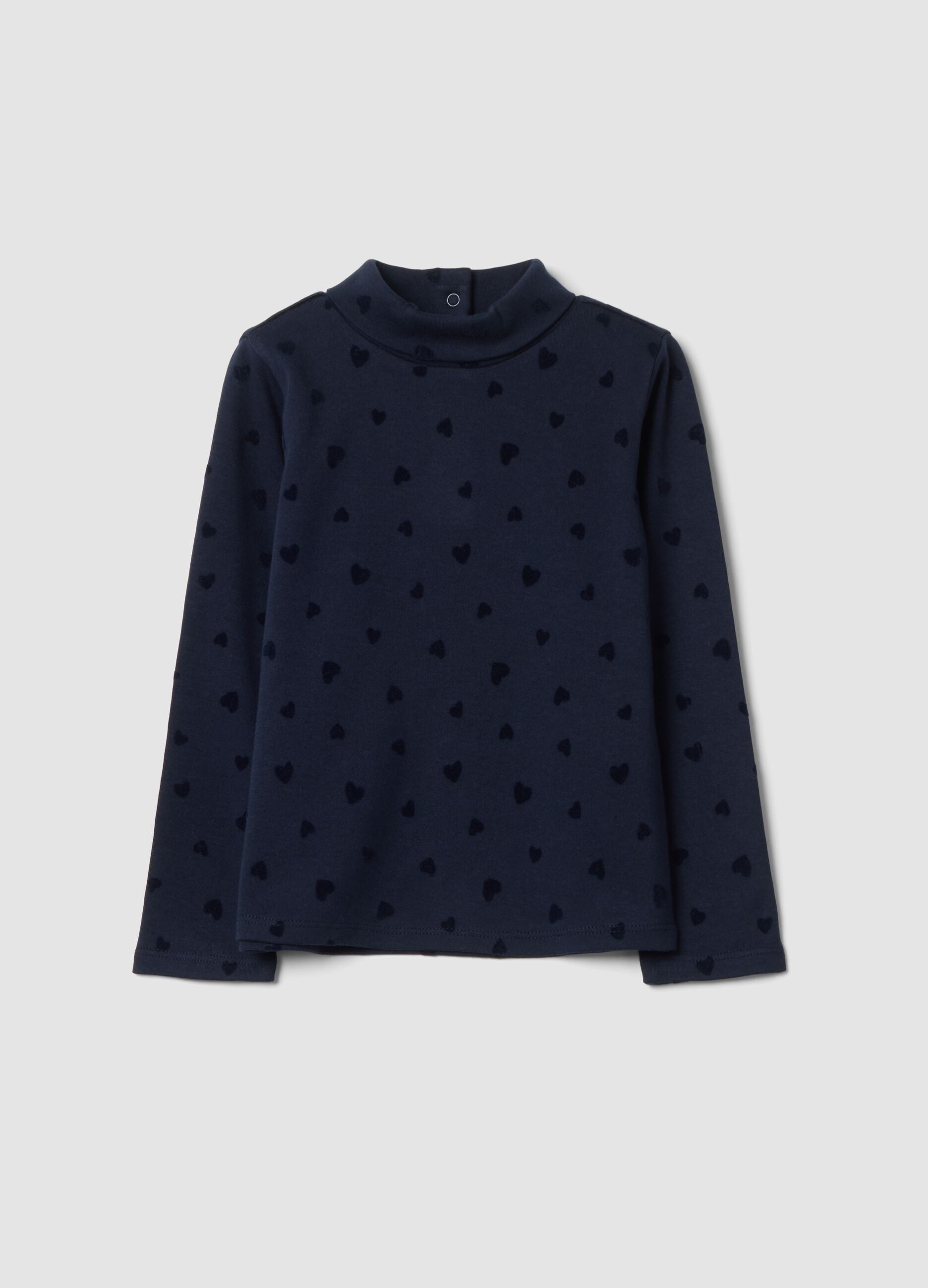 Nachtblauer Rollkragenpullover aus reiner Baumwolle mit Herzchen