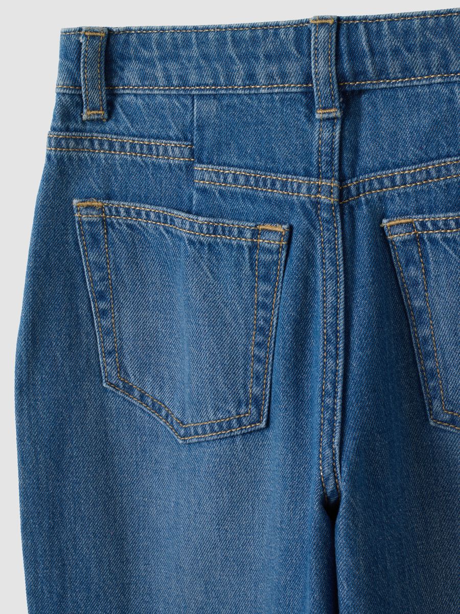 Girls&rsquo; blue baggy pure cotton jeans with embroidered turn-up hem_3