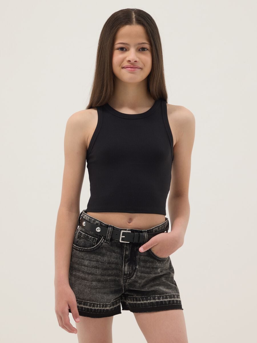 Girls&rsquo; black fitted ribbed stretch-cotton vest top_0