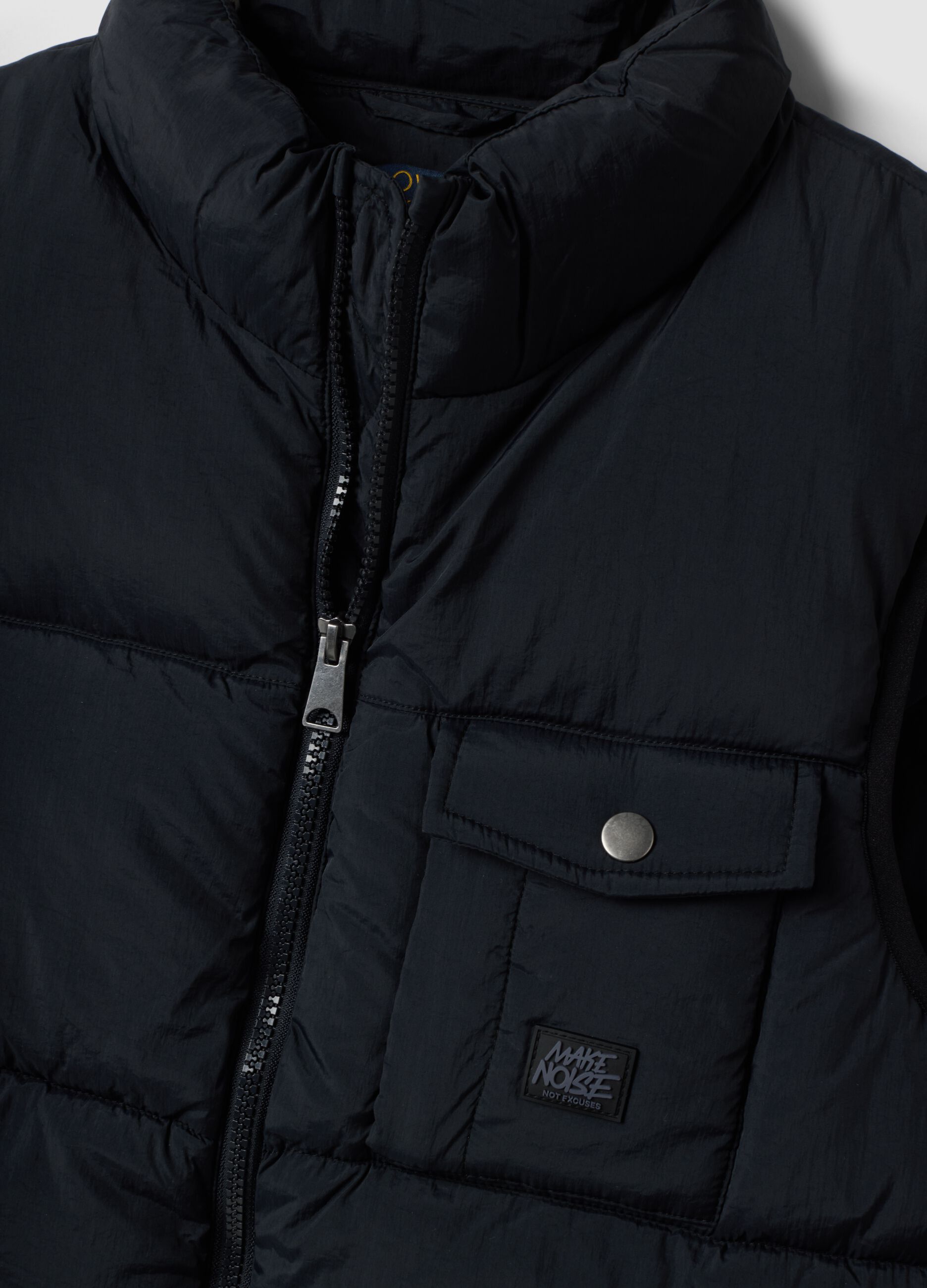 Black water-repellent padded gilet with zip and high neck for boys