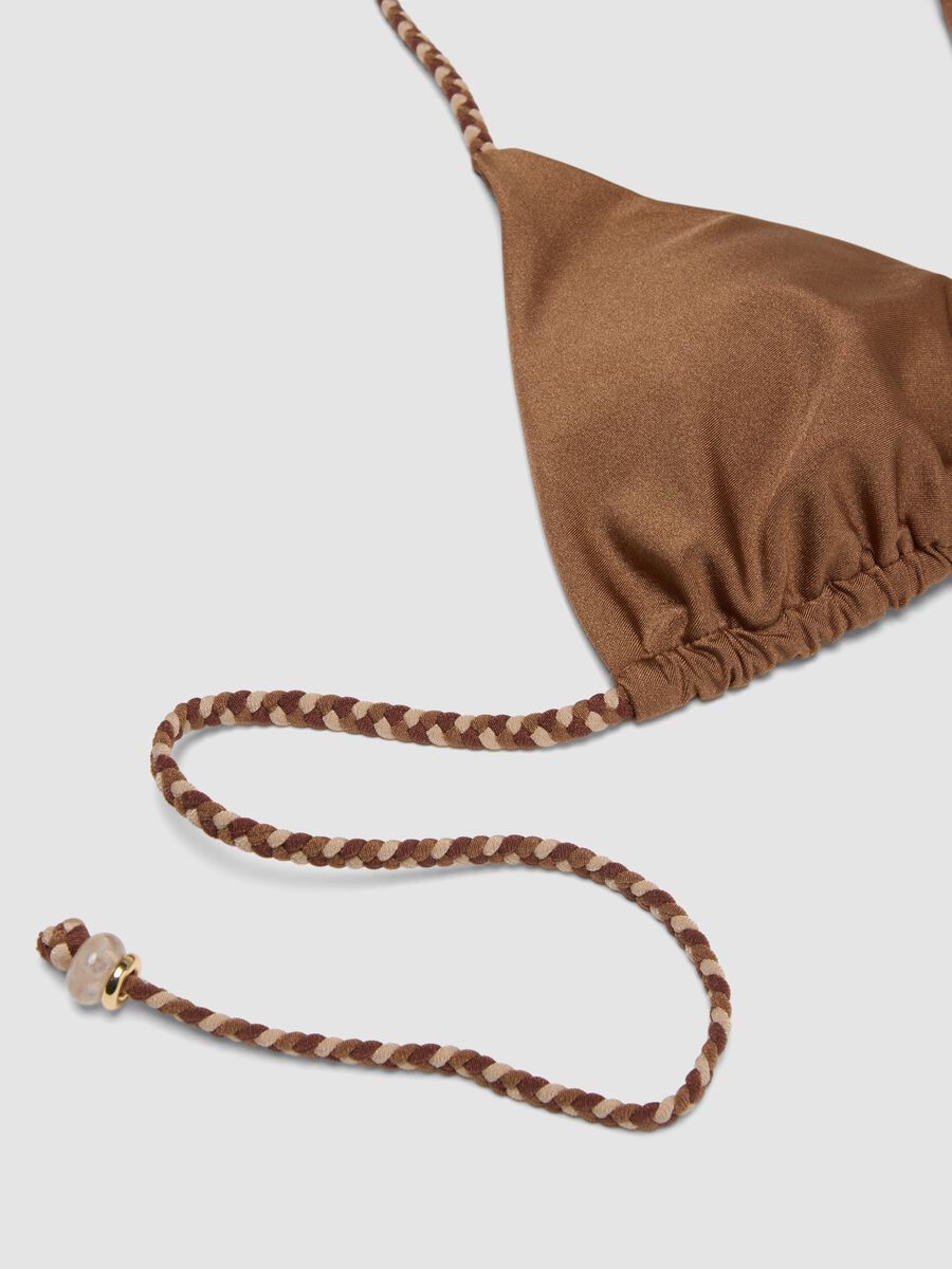 Brown triangle bikini top in stretch fabric with braided tie straps_5