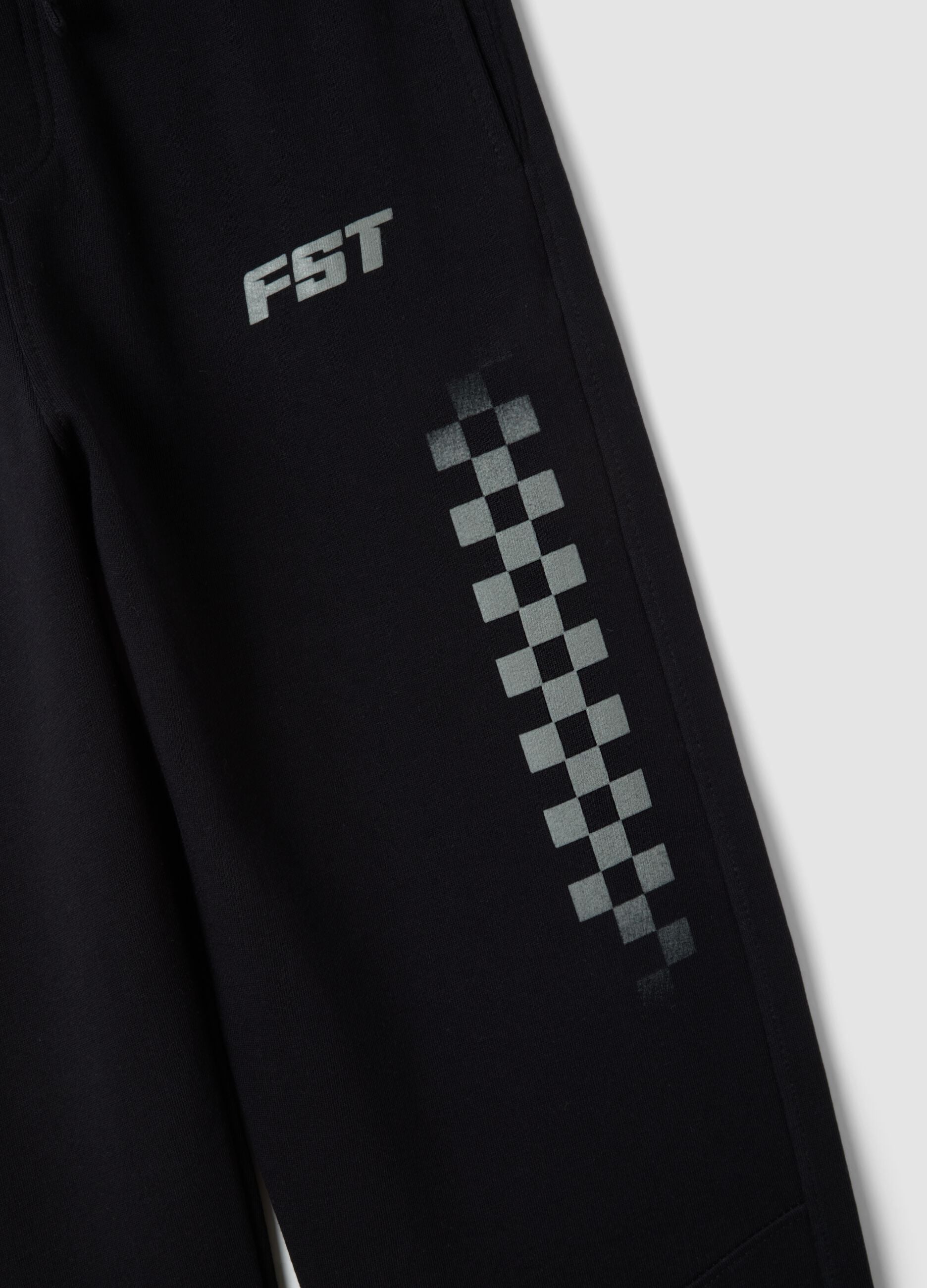 Black pure organic cotton joggers with check print, relaxed fit