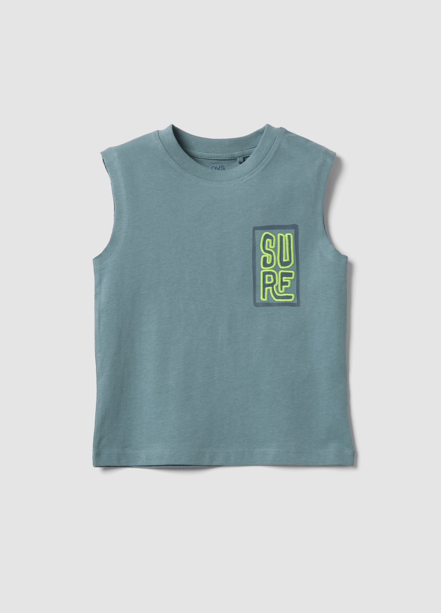 Green pure cotton printed vest top for boys, oversized fit