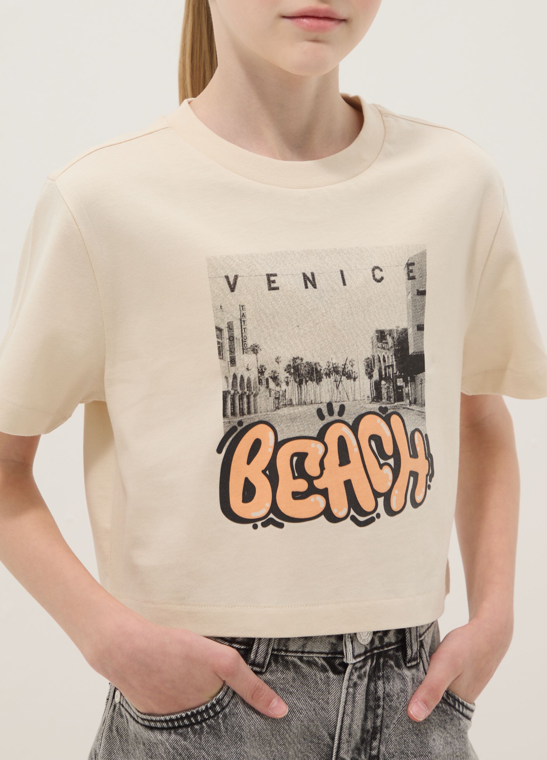 Beige organic cotton short-sleeve T-shirt