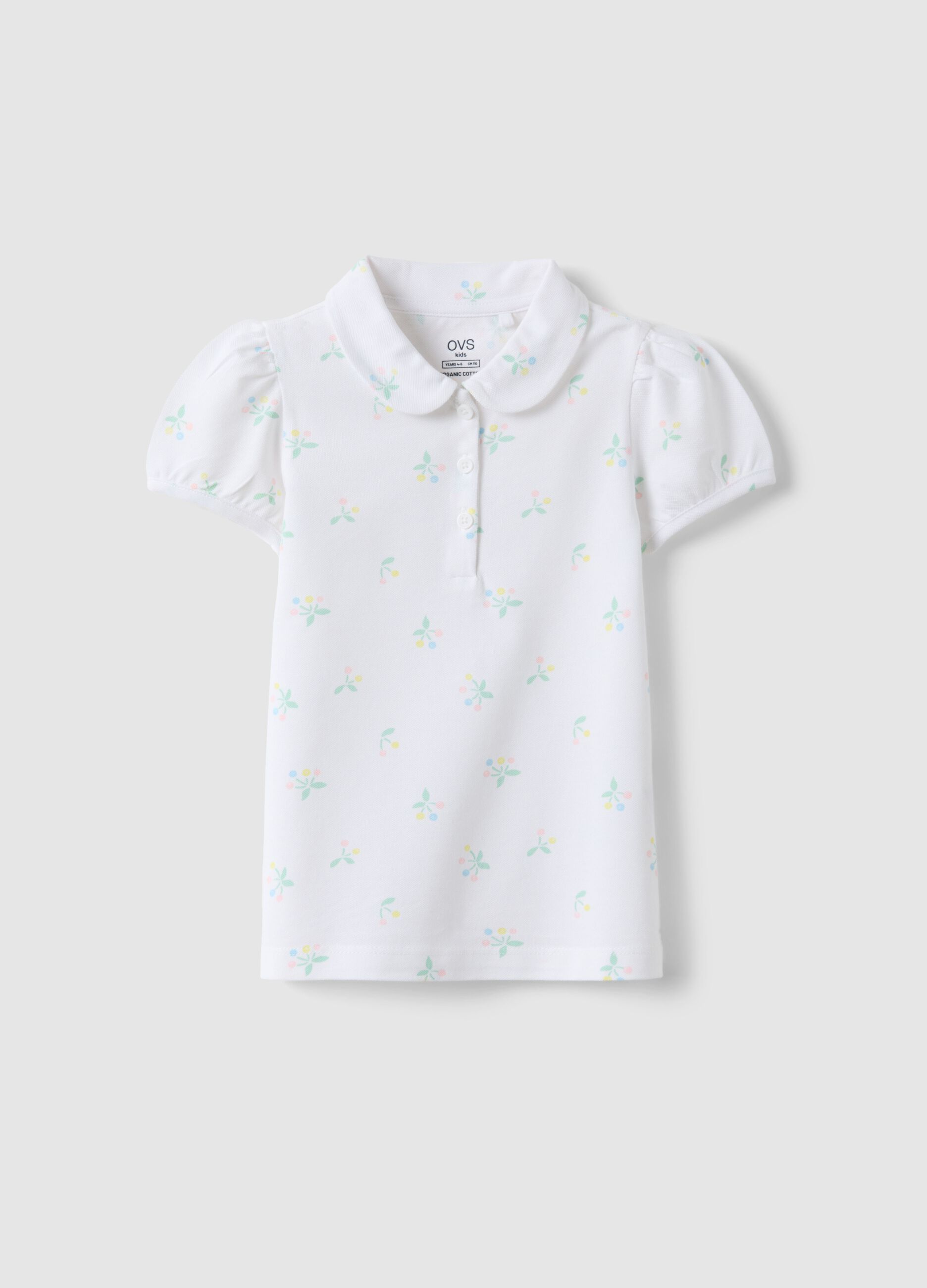 Girls' white cotton polo regular fit with floral pattern