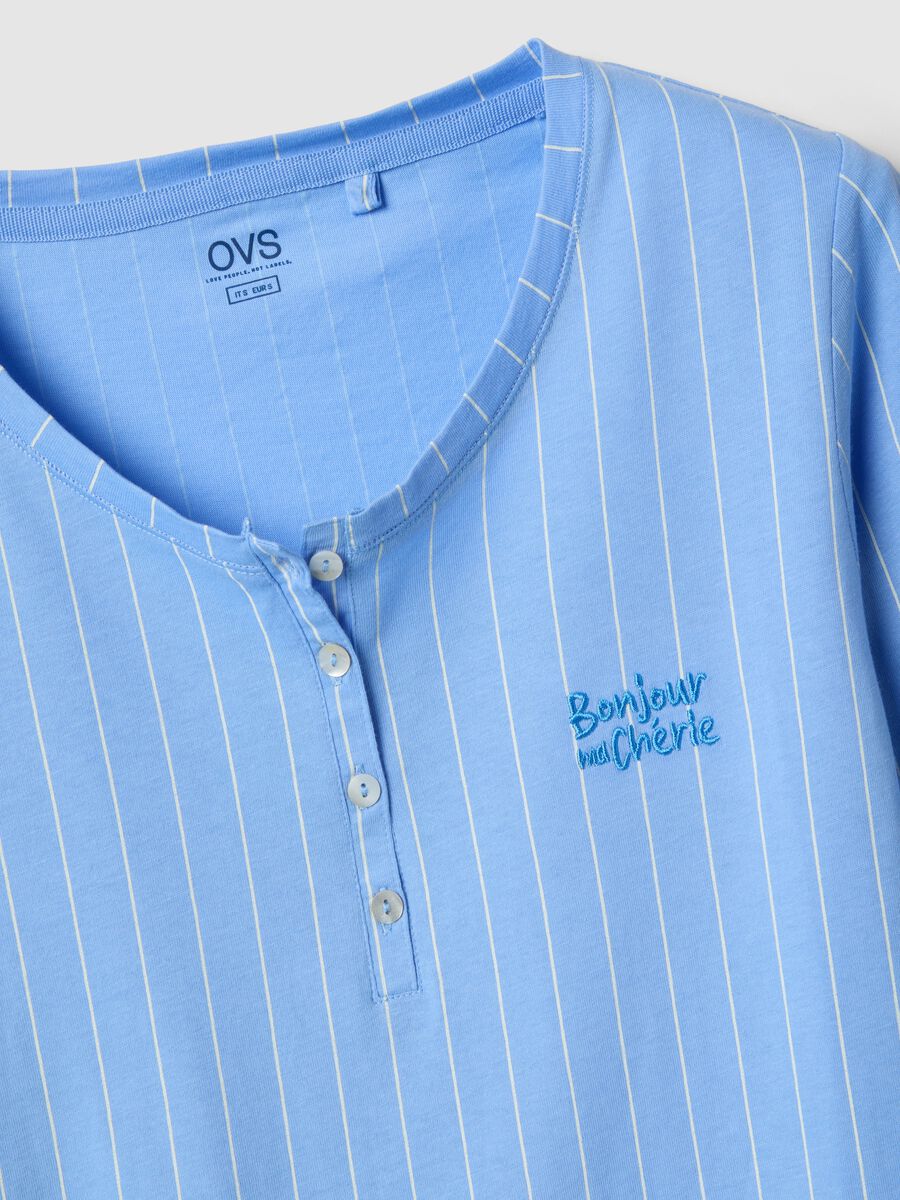 Sky blue pure cotton striped nightshirt with regular fit and serafino collar_1