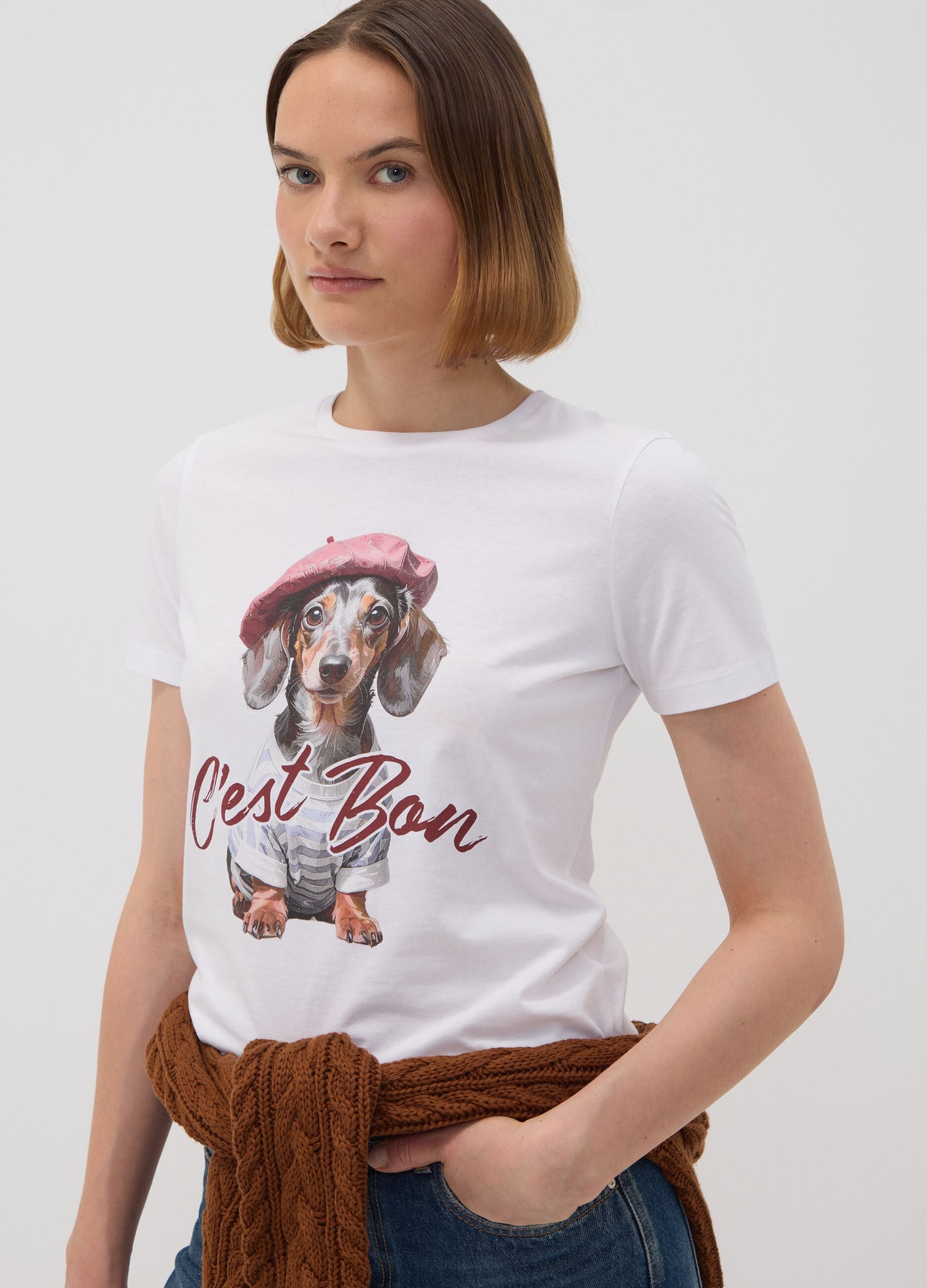 T-shirt bianca in puro cotone jersey e stampa cagnolino regular fit