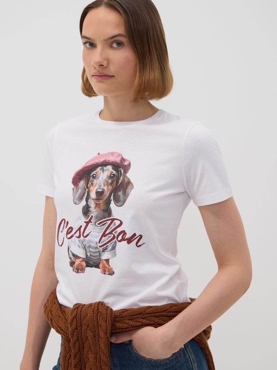 T-shirt bianca in puro cotone jersey e stampa cagnolino regular fit_0