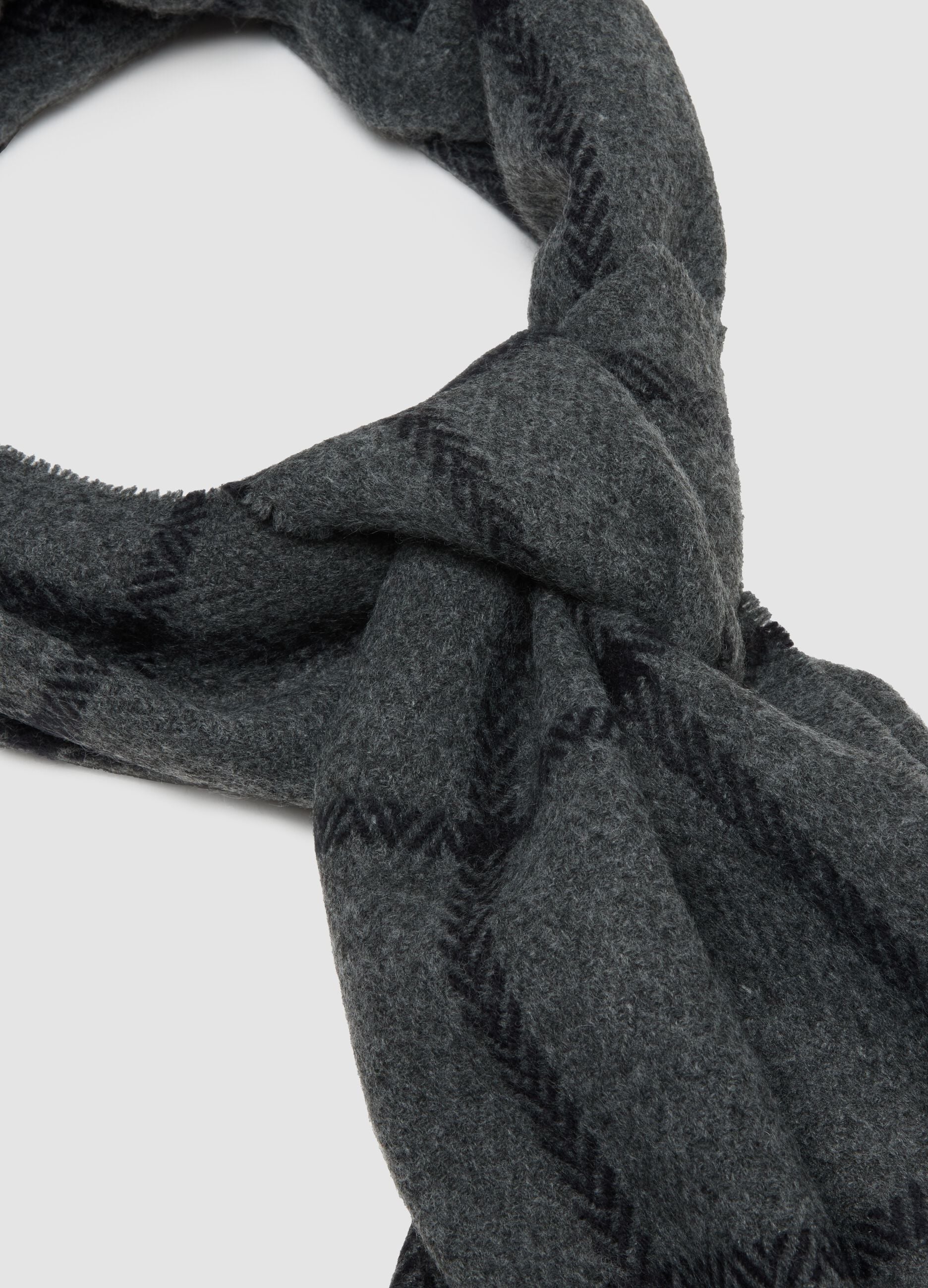 Dark Grey Checked Scarf with Fringes