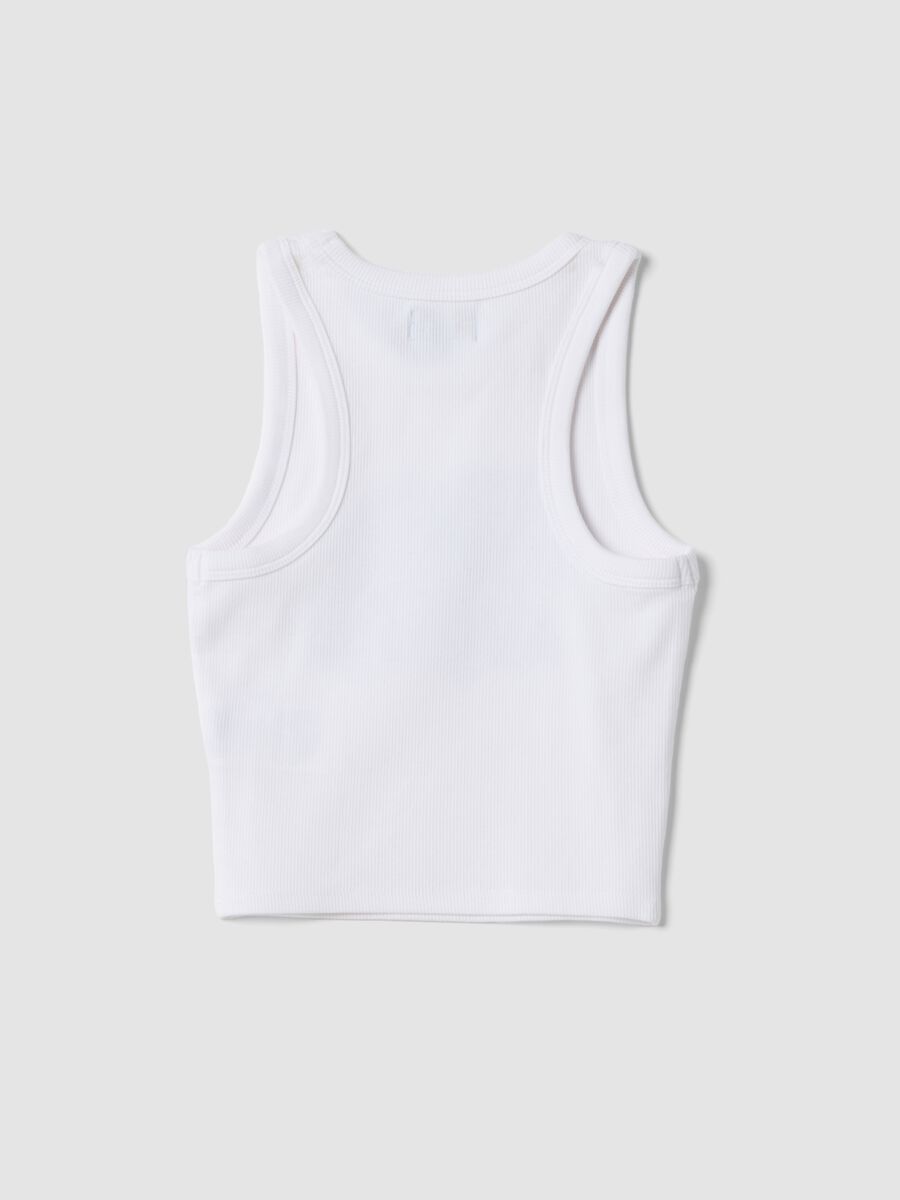 White stretch cotton fitted printed tank top for girls_1