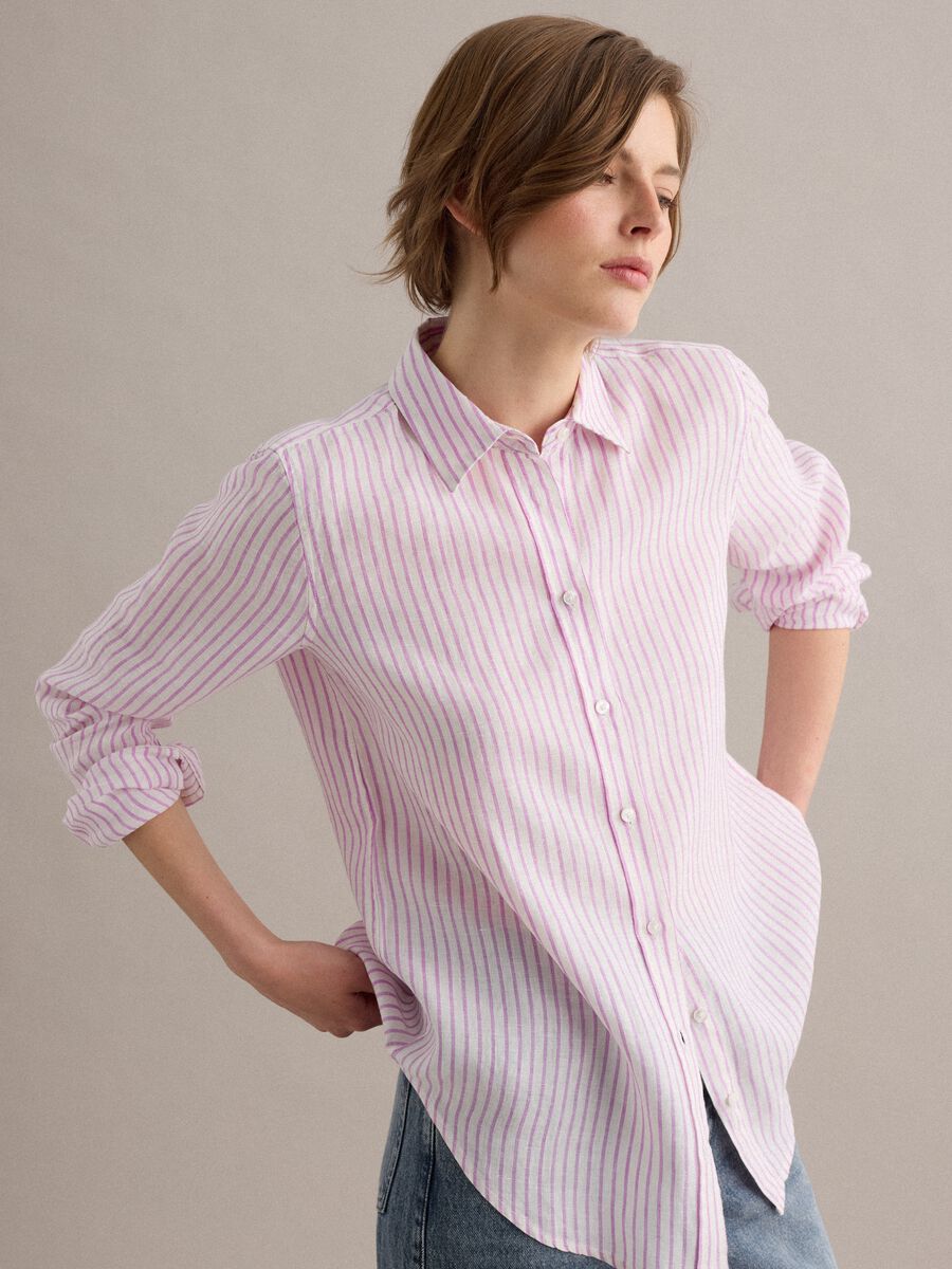White and pink striped pure linen shirt, regular fit_0