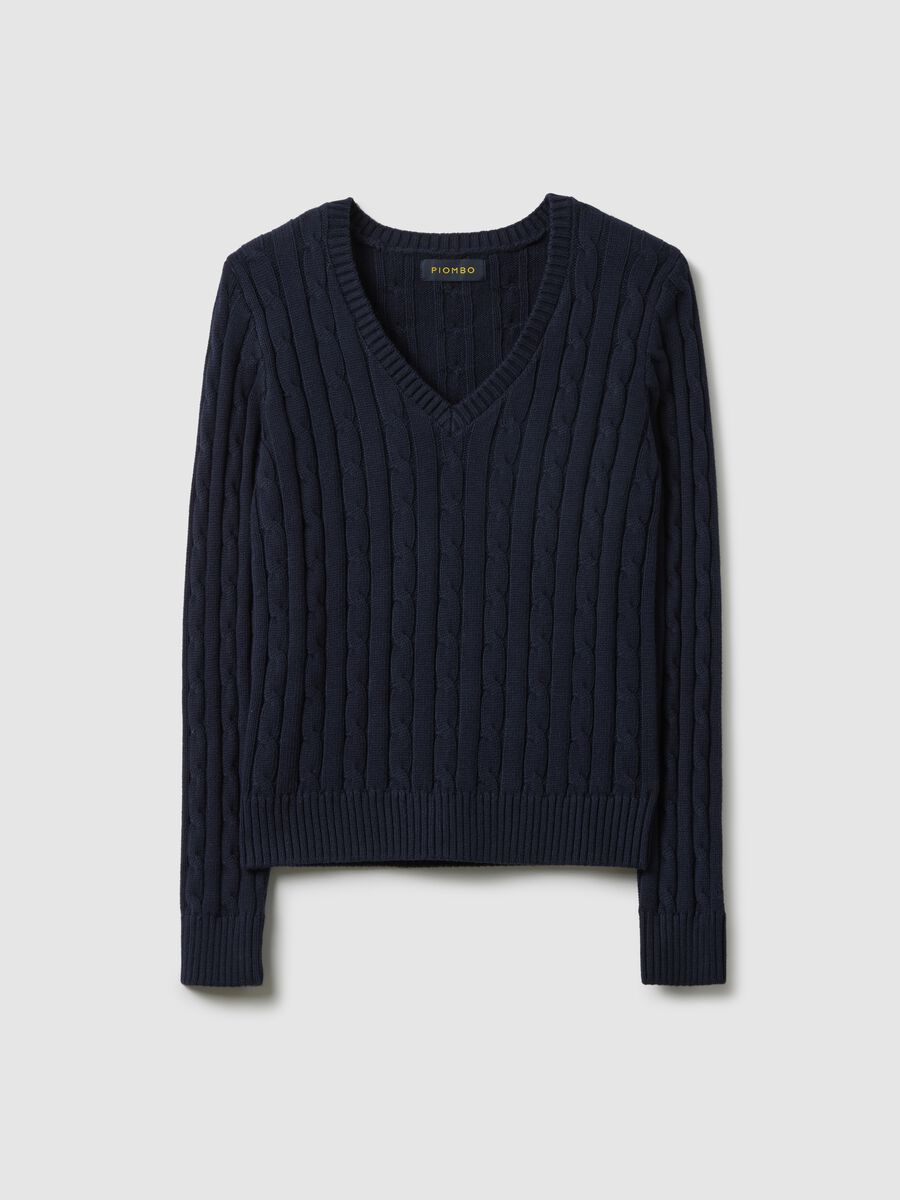 Blue pure cotton regular fit pullover with cable knit_0