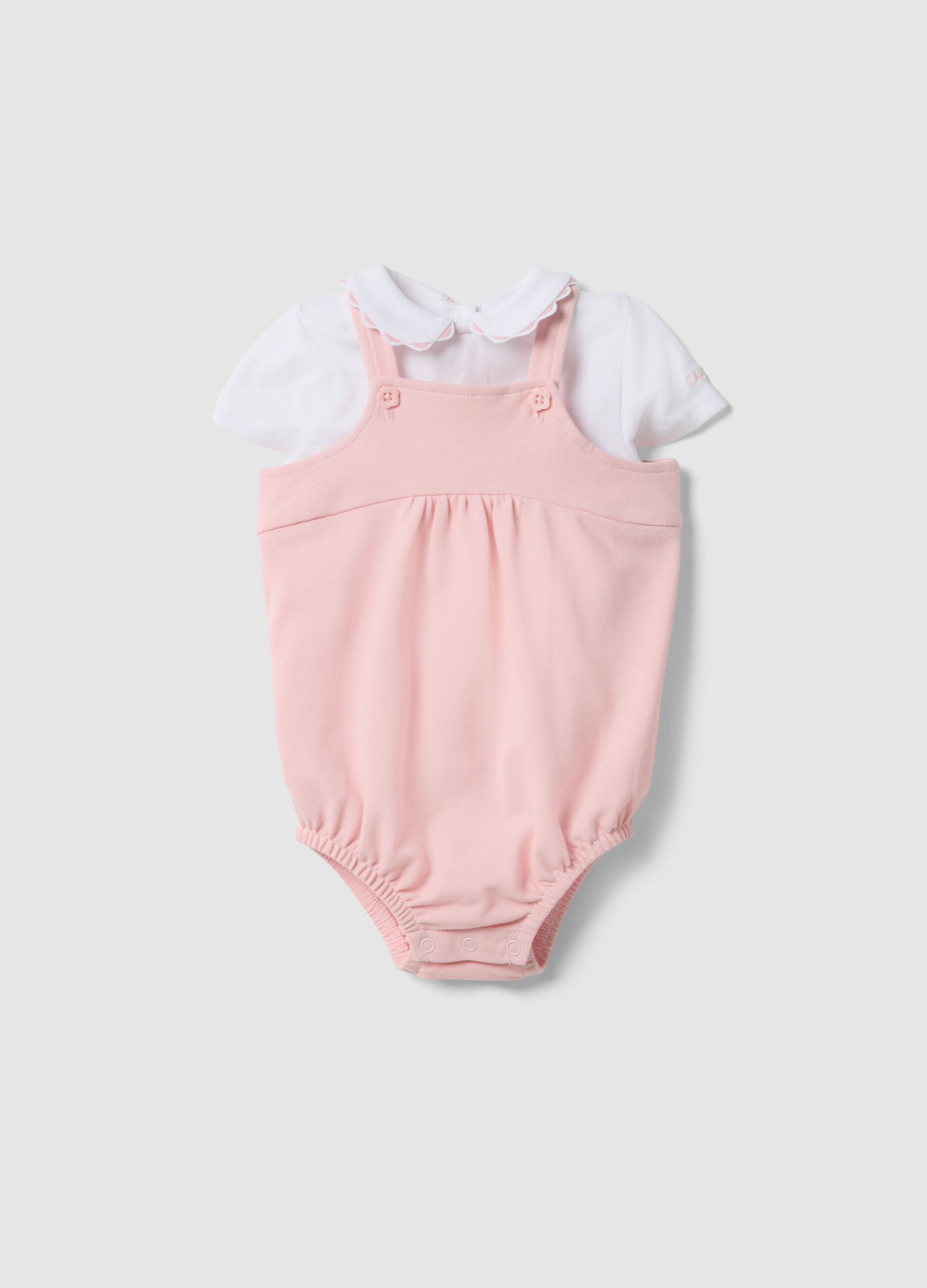 Conjunto t-shirt e macac&atilde;o multicolor em puro algod&atilde;o para rec&eacute;m-nascida