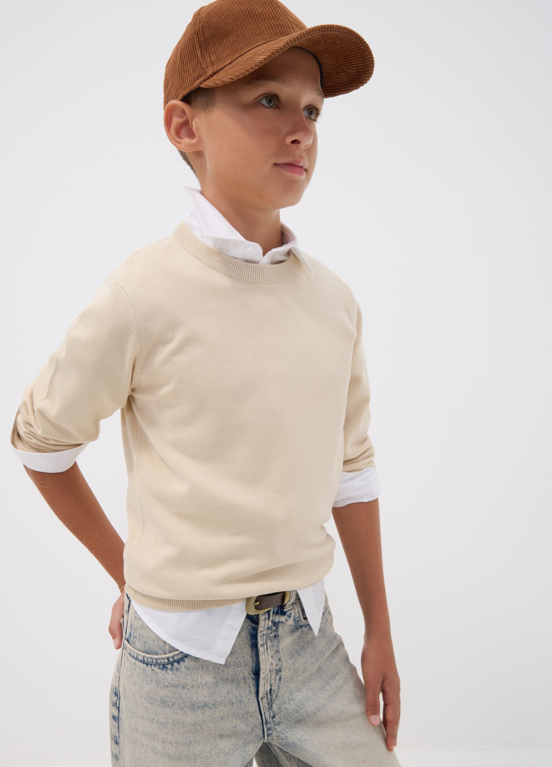 Beige pure cotton long-sleeve regular-fit top for boys
