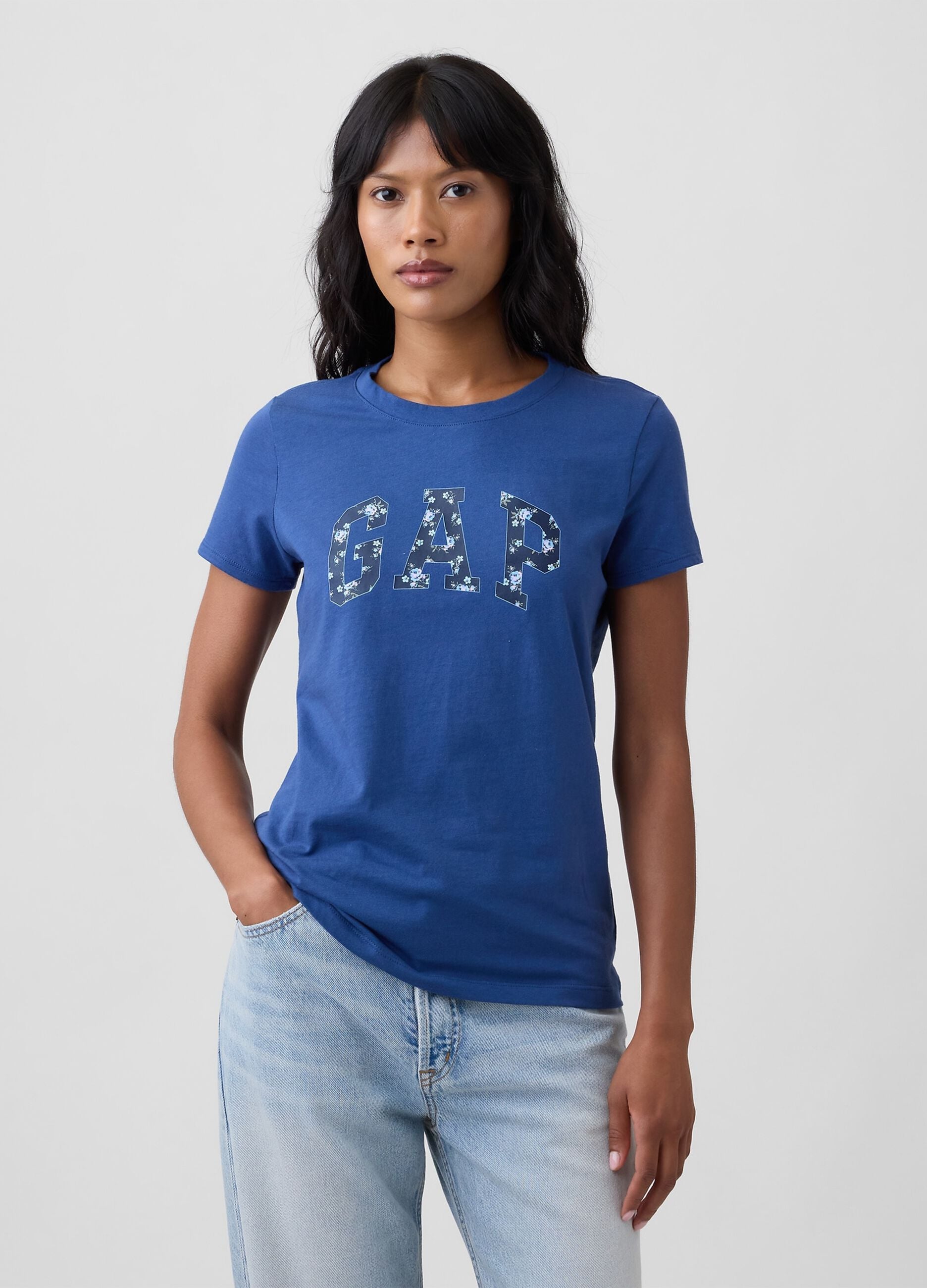Navyblaues T-Shirt aus reiner Baumwolle mit floralem GAP-Logo