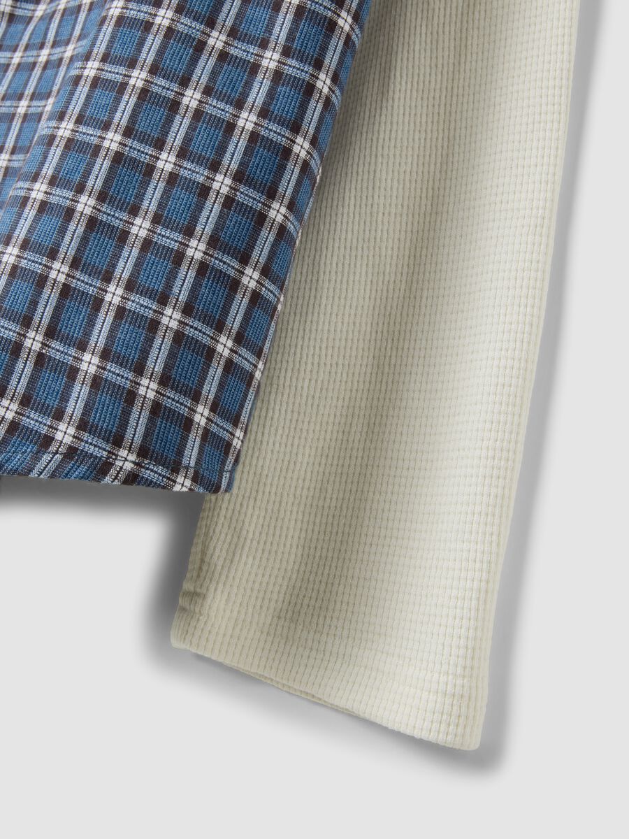Blue cropped pure cotton checked shirt with layered double sleeves, oversized fit_5