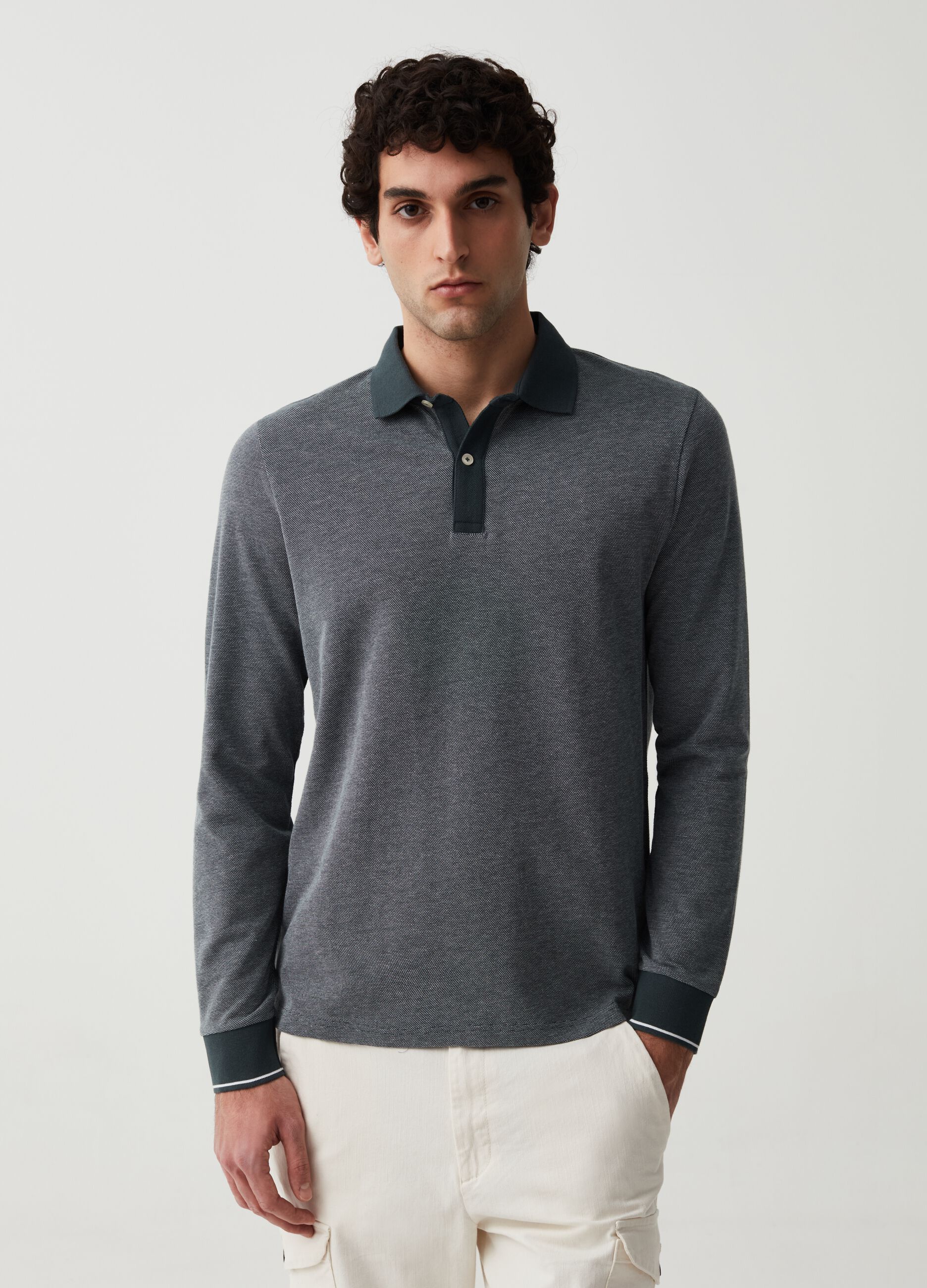 Long-sleeved polo shirt with jacquard weave