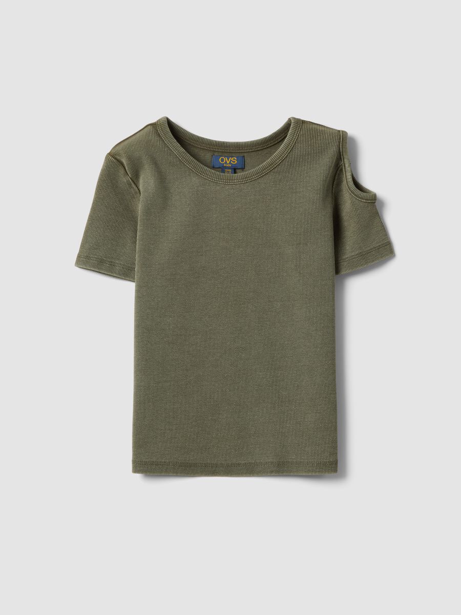 Green cut-out stretch cotton slim fit girl T-shirt_3