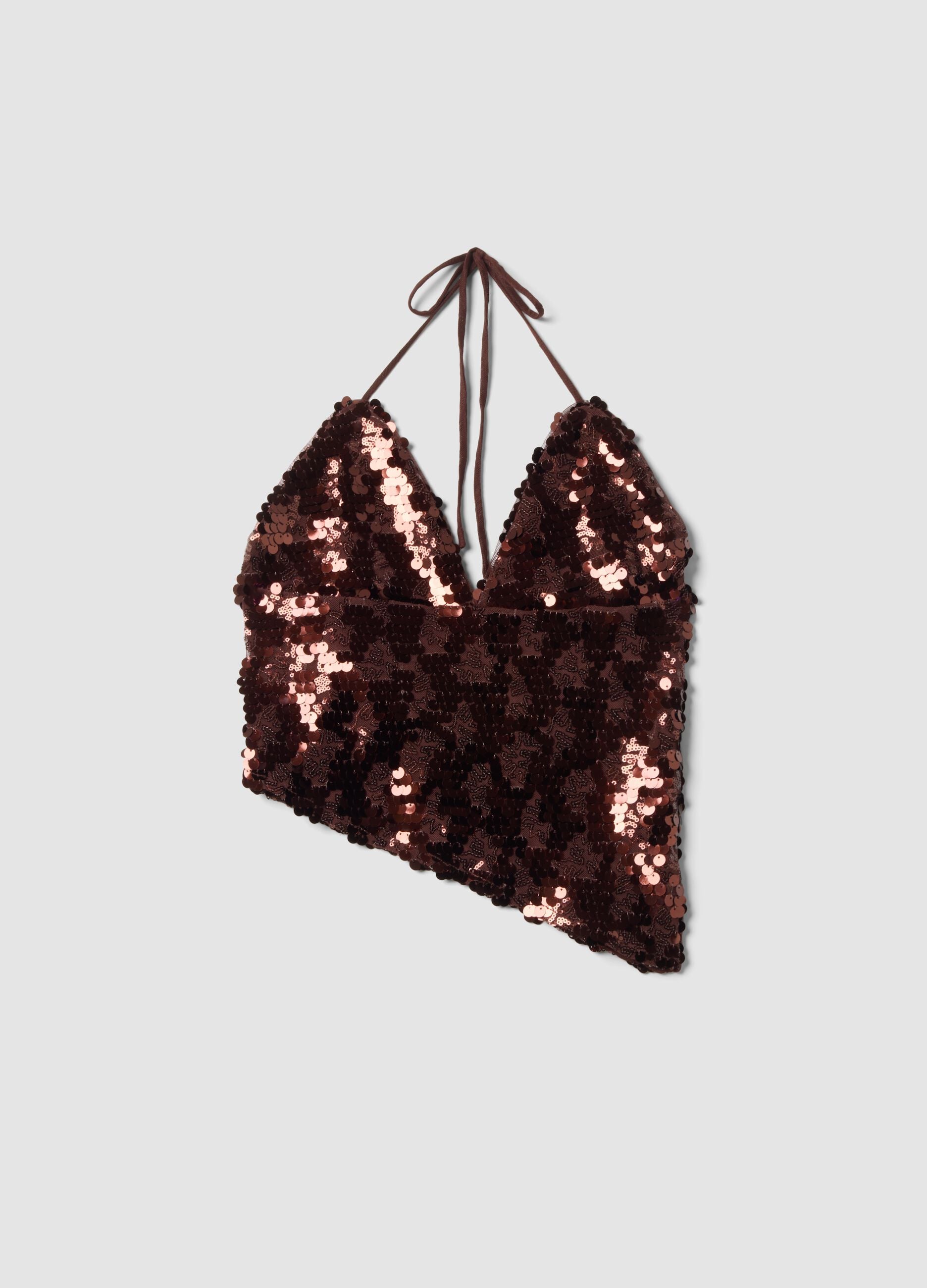Brown sequin stretch-fabric top