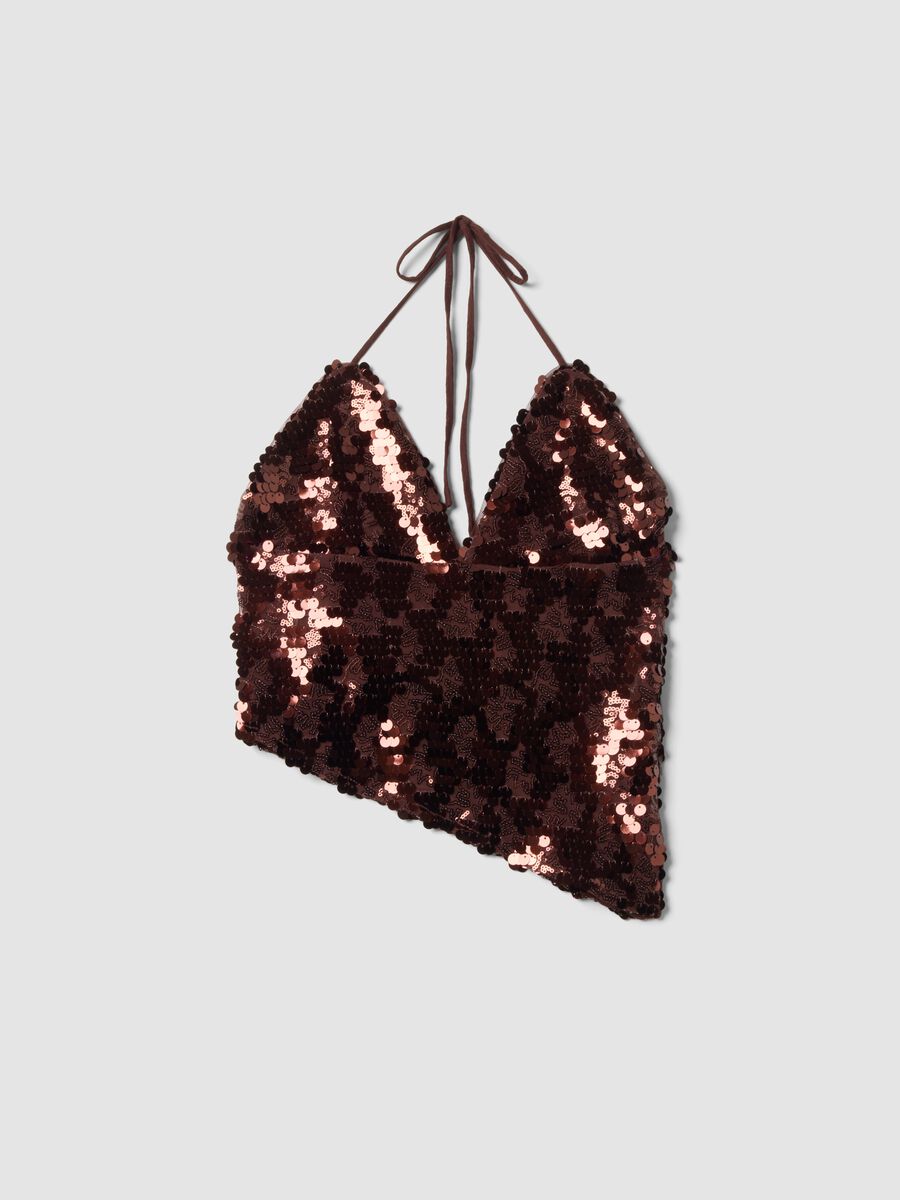 Brown sequin stretch-fabric top_0