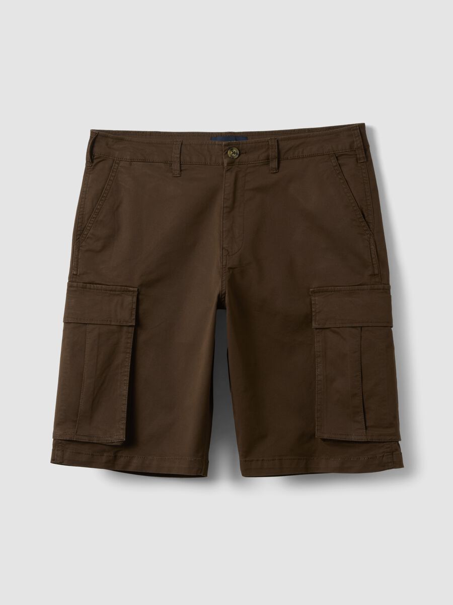 Brown stretch cotton cargo shorts, regular fit_4