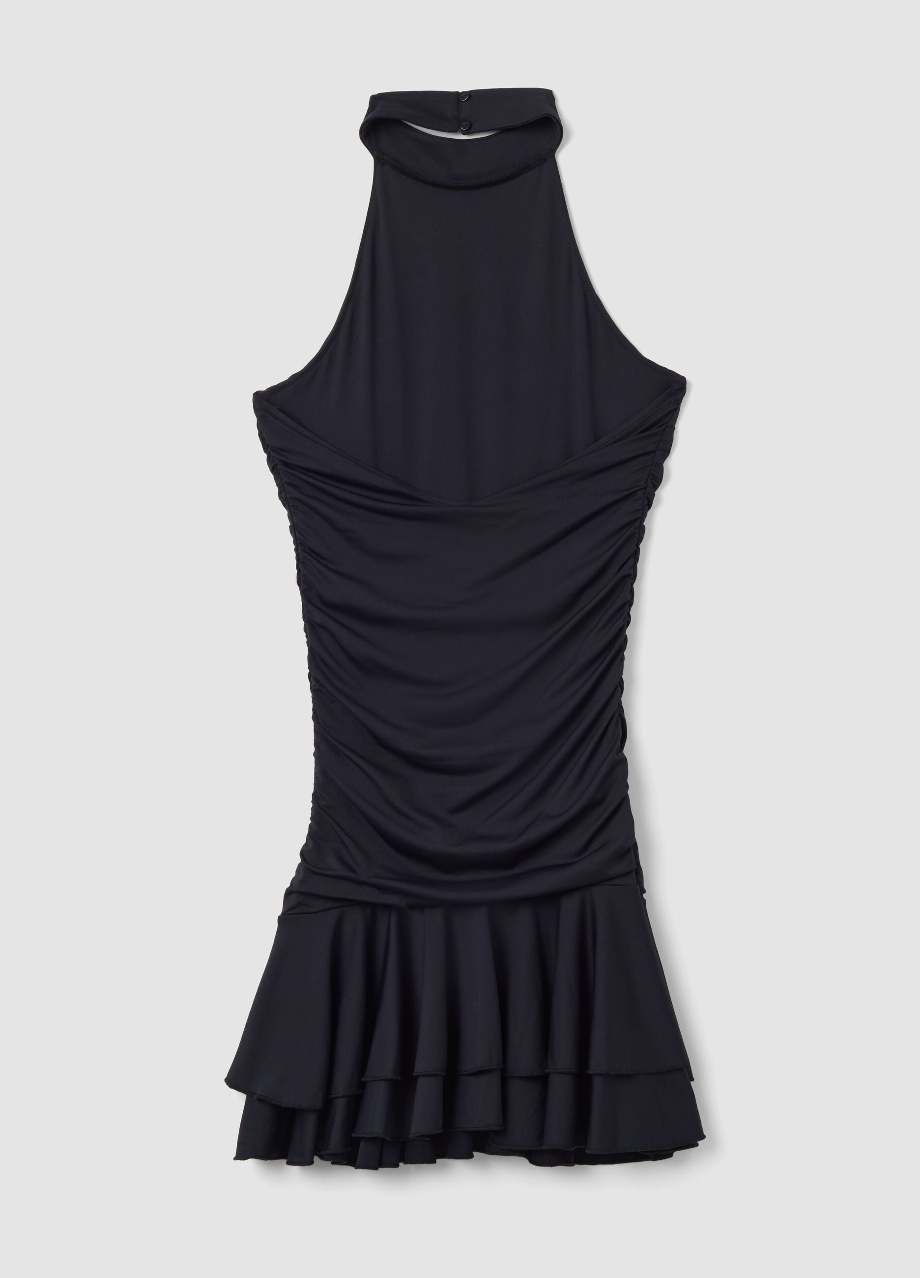 Schwarzes Stretchkleid mit Stehkragen und Volantabschluss
