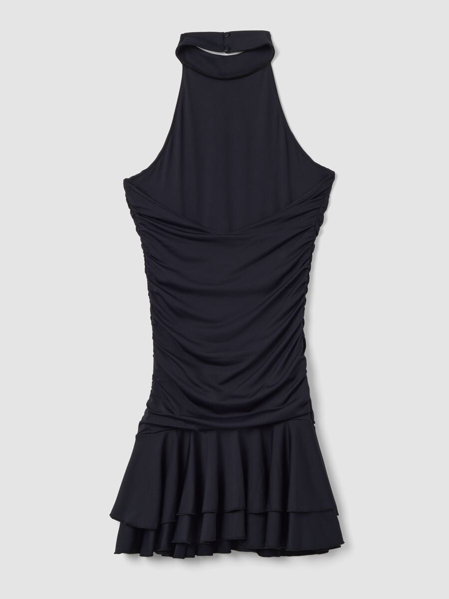 Black stretch dress with high neck and ruffle hem_5