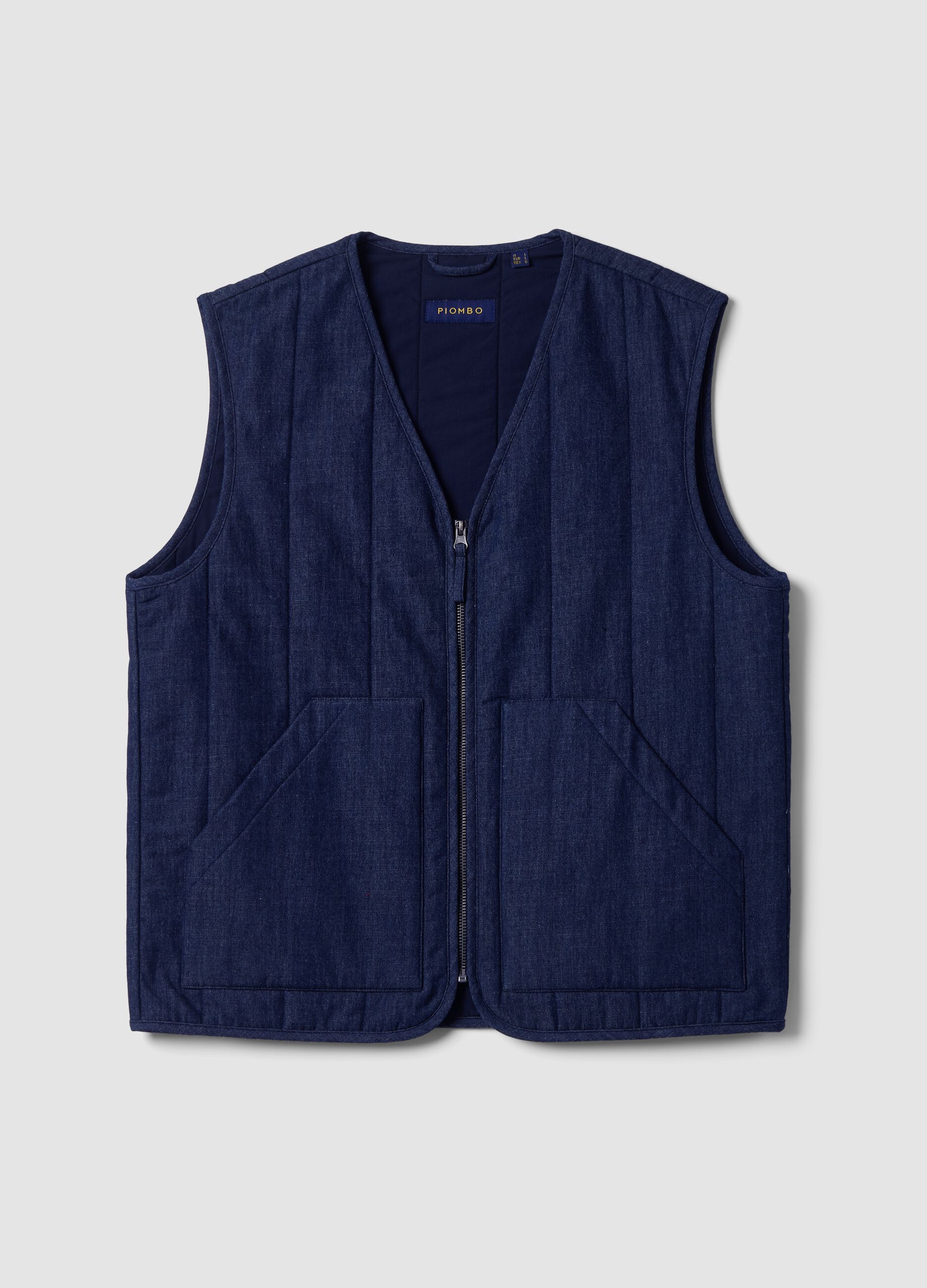 Colete azul em mistura de algod&atilde;o, lyocell e viscose