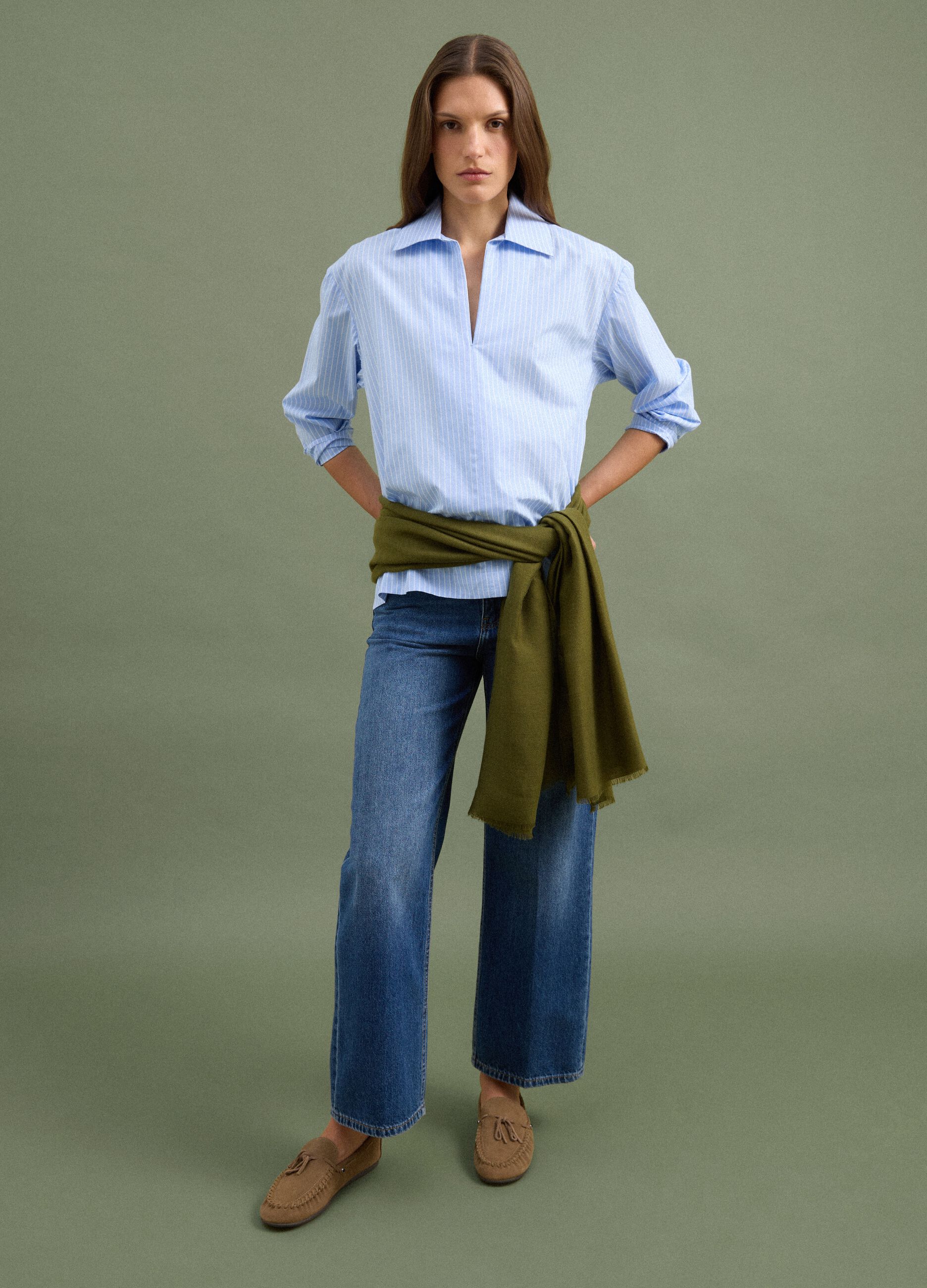 Blue striped pure cotton poplin shirt with V-neck