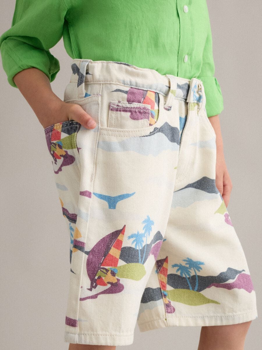 Beige pure cotton shorts with all-over print_2