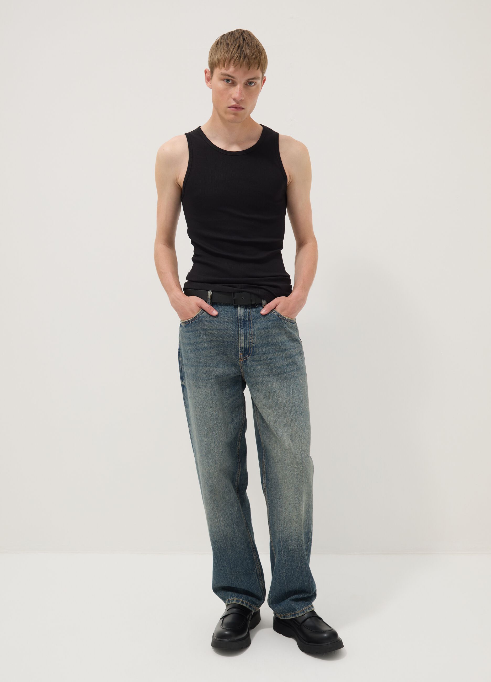 Black ribbed stretch-cotton fitted tank top