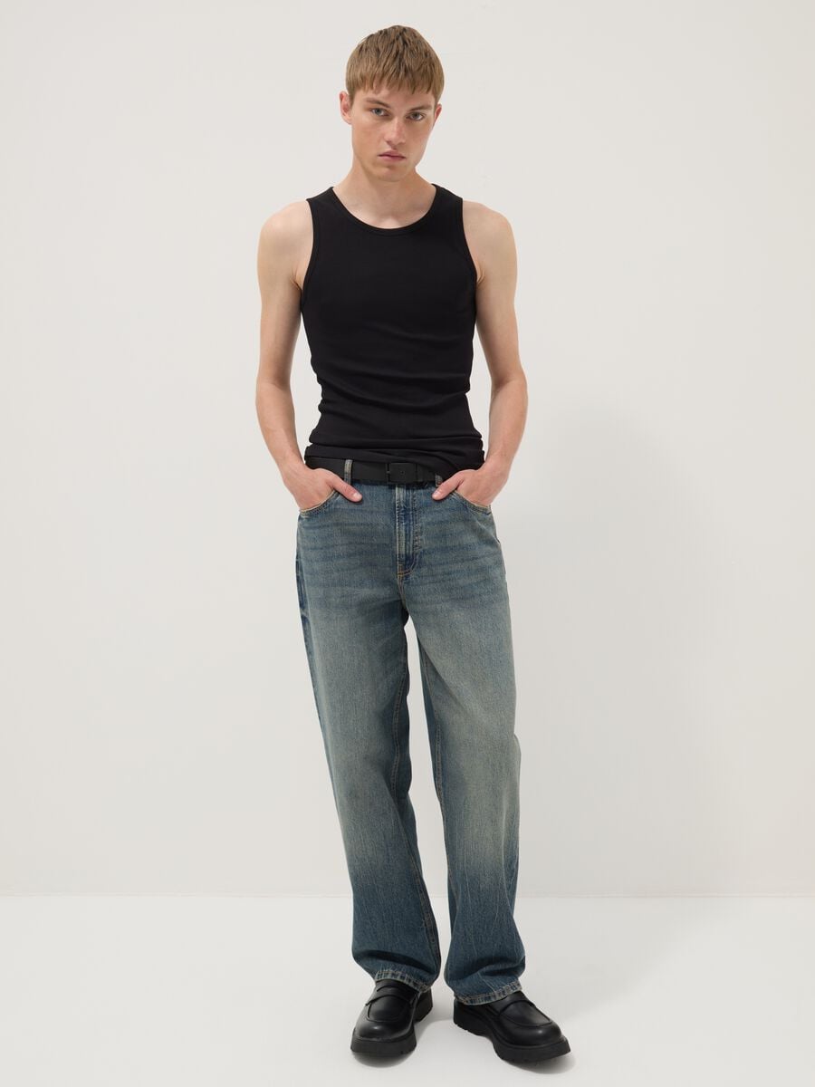 Black ribbed stretch-cotton fitted tank top_1