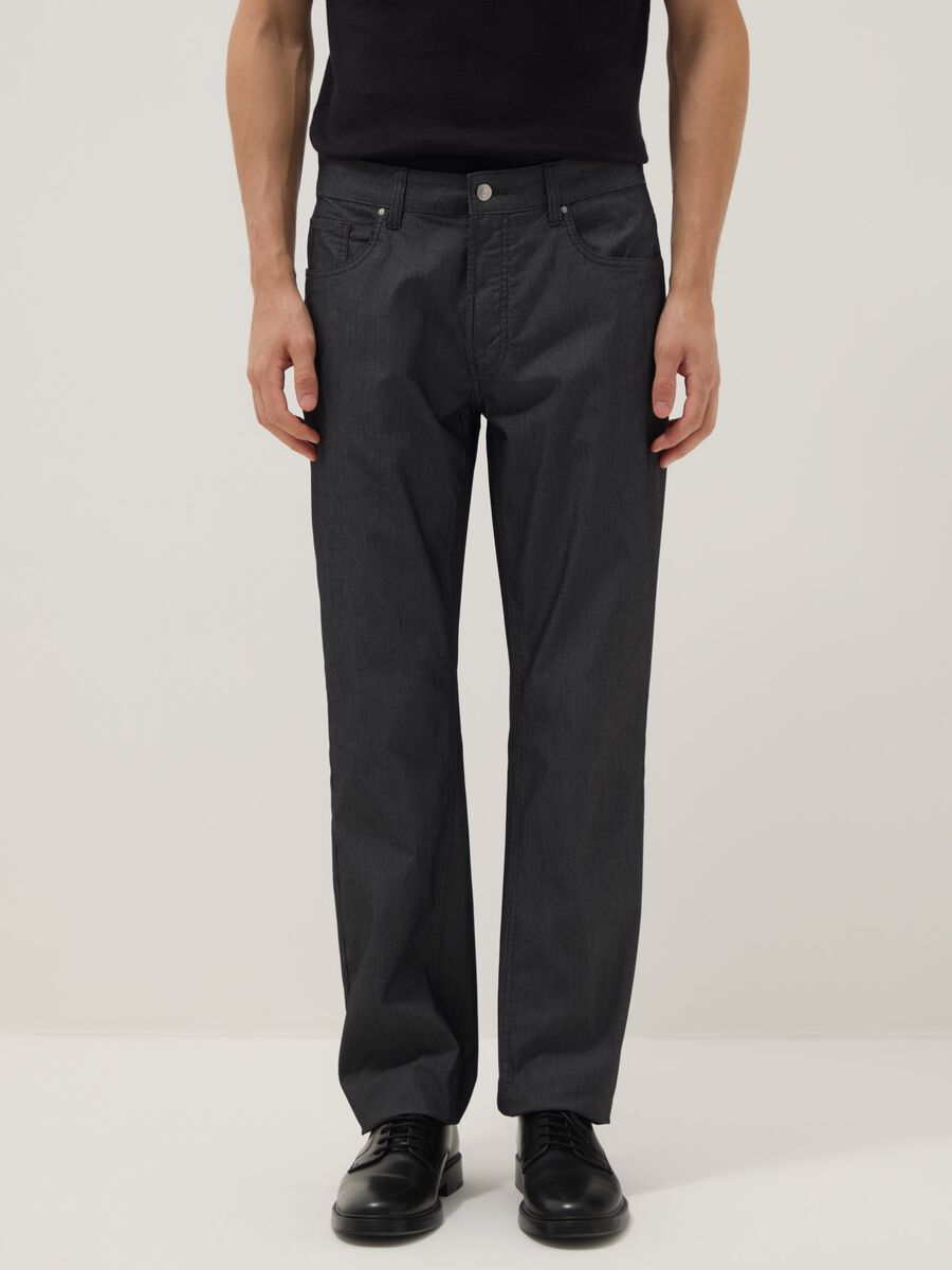 Black stretch cotton regular fit trousers with five pockets_1