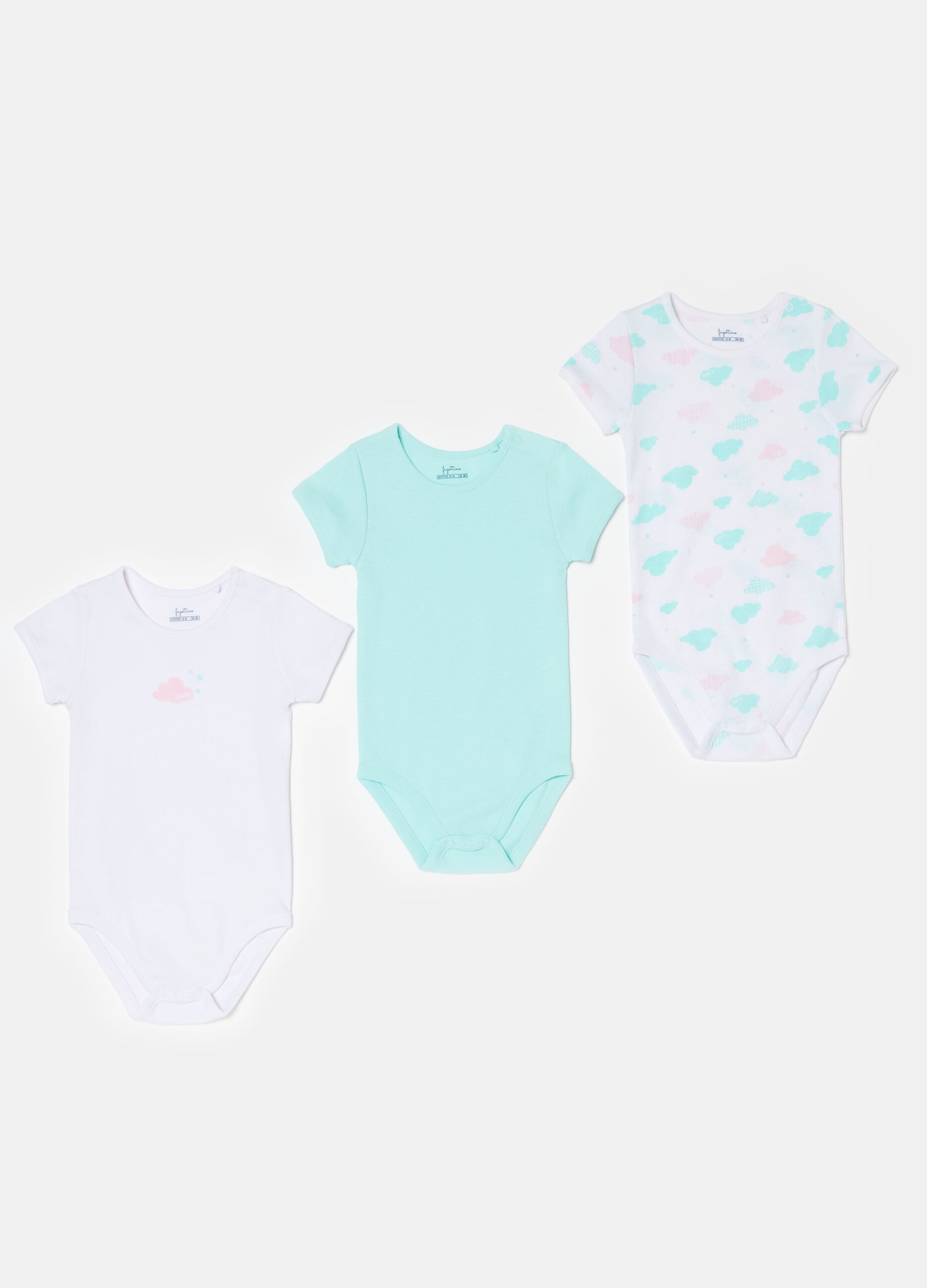 Three-pack short-sleeved bodysuits with print