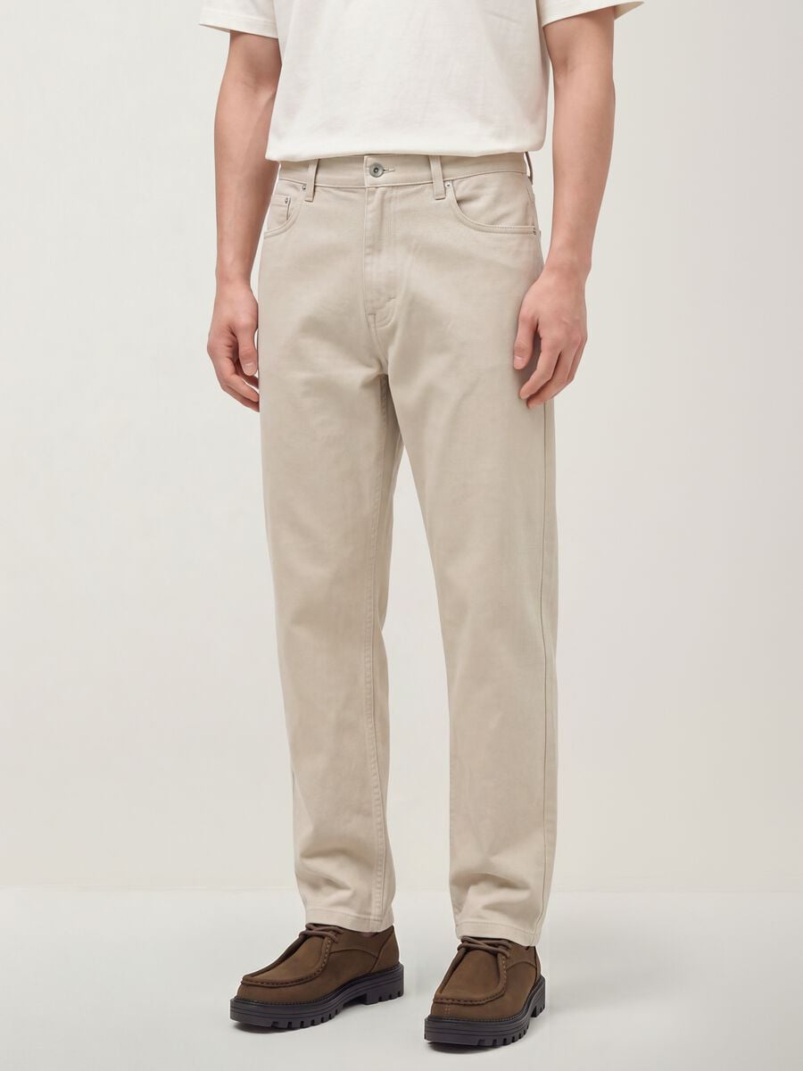 Grey straight-leg stretch cotton twill trousers_1