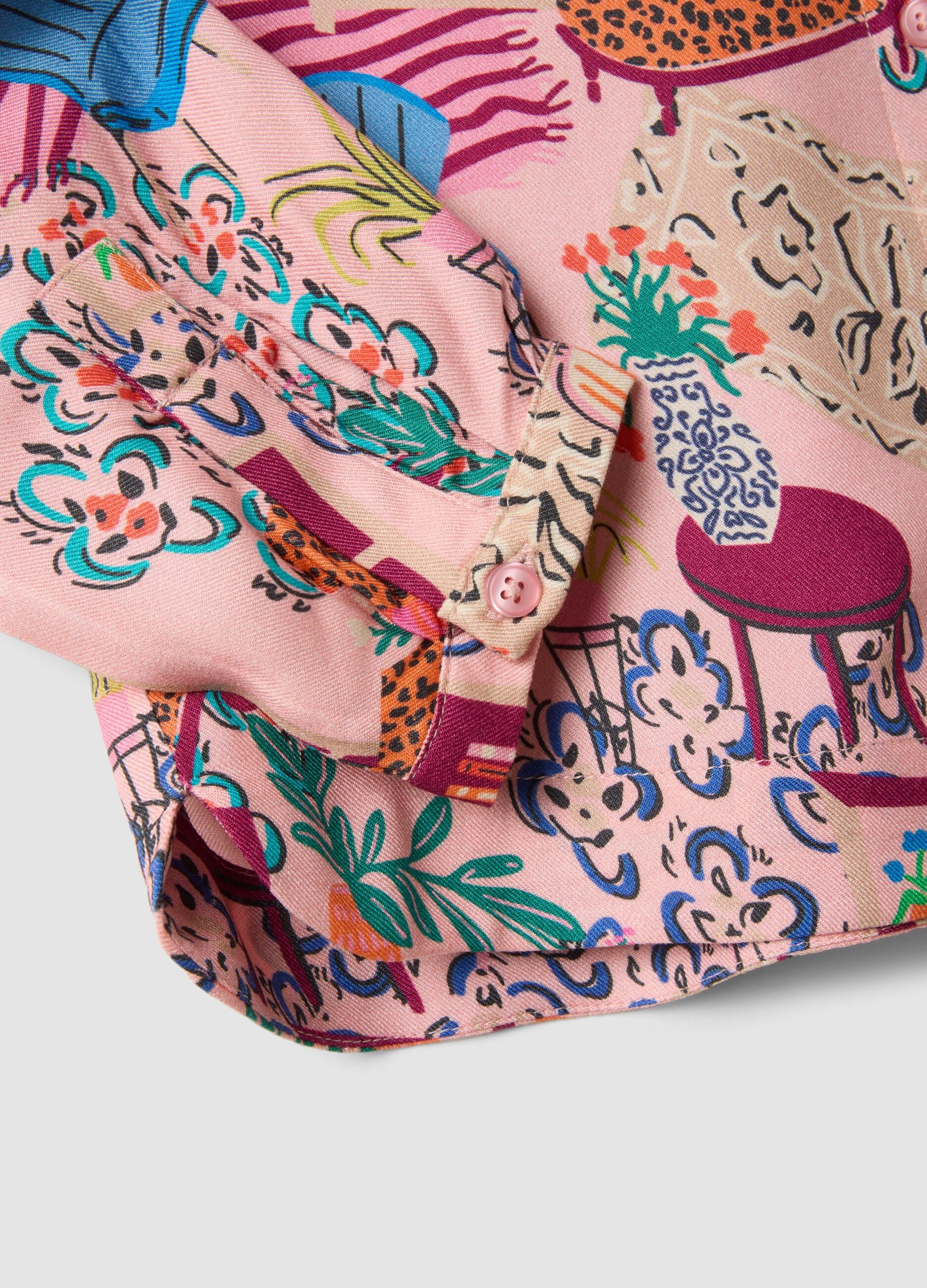 Camicia rosa in pura viscosa con fantasia e colletto classico per bambina