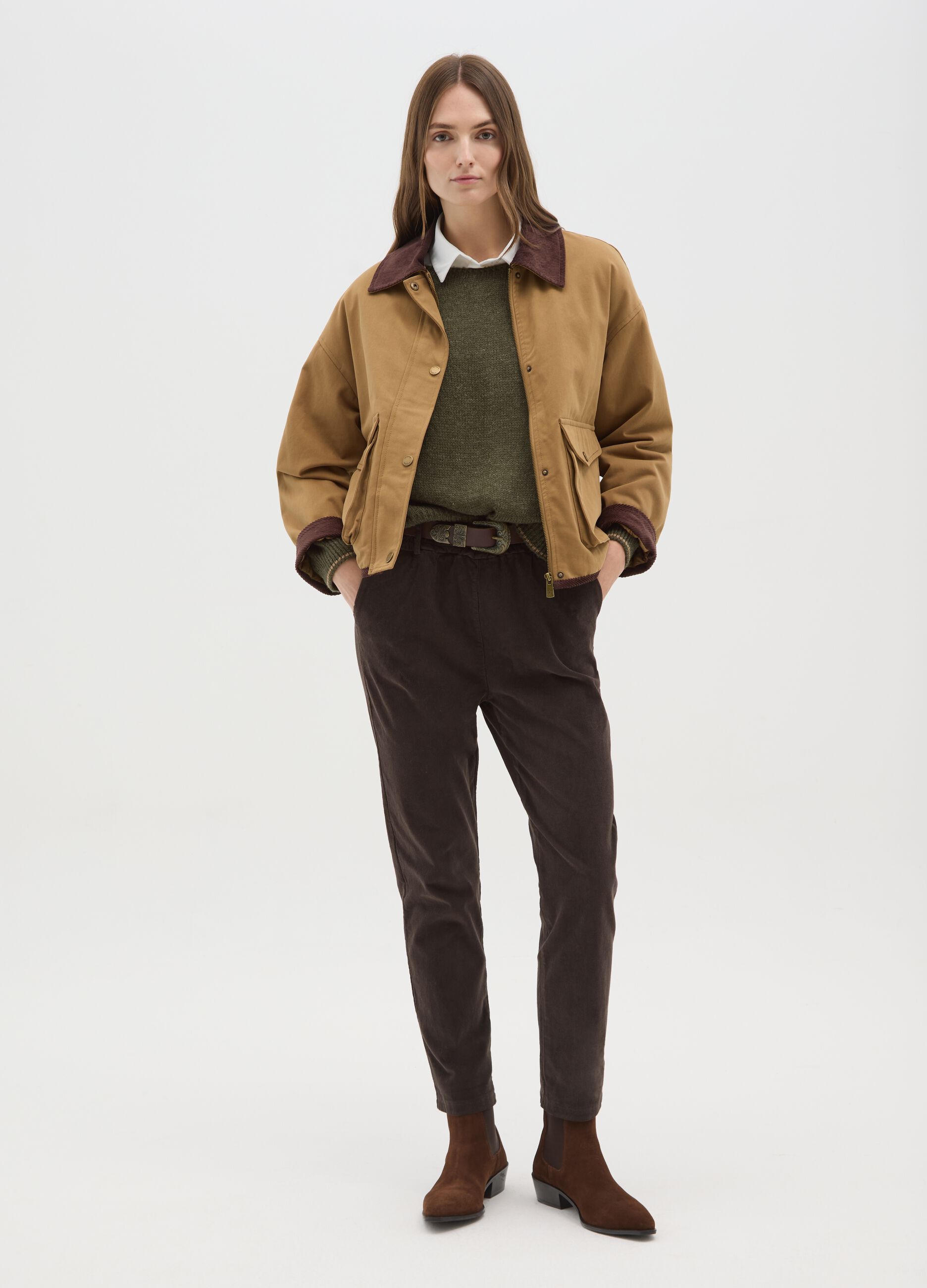 Brown regular fit stretch cotton trousers