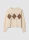 Ecru stretch-wool crew-neck jumper with argyle pattern, oversized fit_0