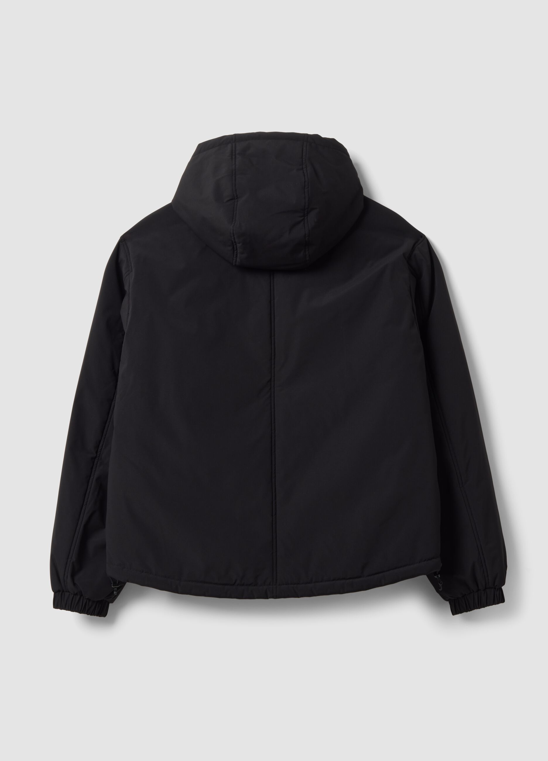 Black padded hooded jacket with zip, oversized fit