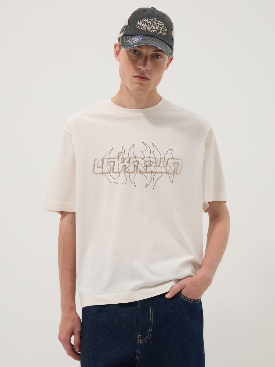 Beige pure cotton T-shirt with front print_0