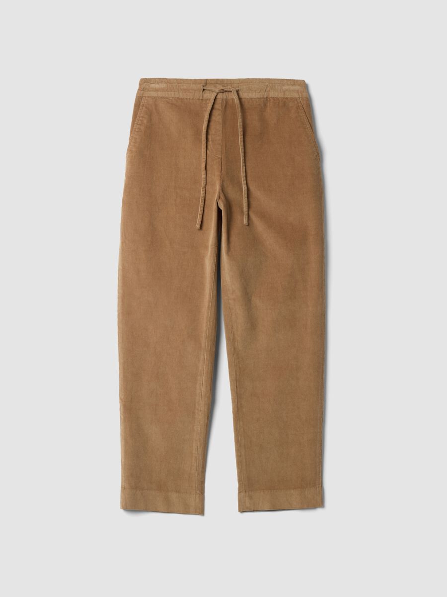 Beige gerippte Hose aus elastischer Baumwolle mit elastischem Bund_4