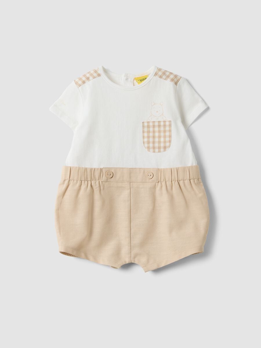 White cotton and linen blend romper with Winnie the Pooh detail for baby_0