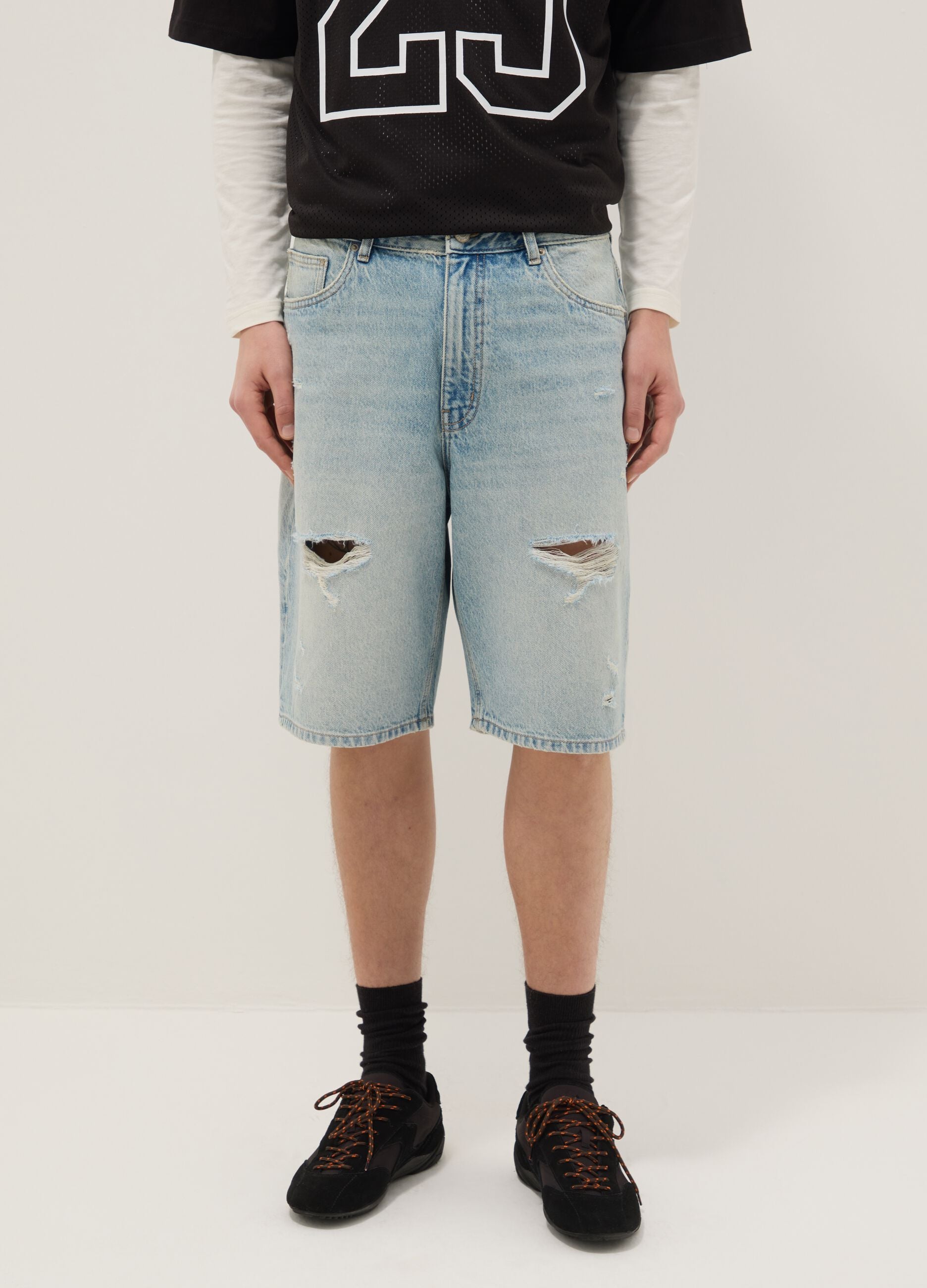Blue denim skater fit pure cotton shorts with rips
