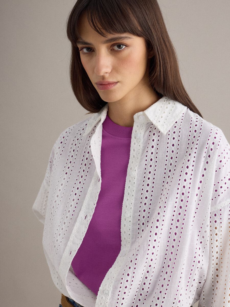 White pure cotton embroidered shirt regular fit with perforated design_0