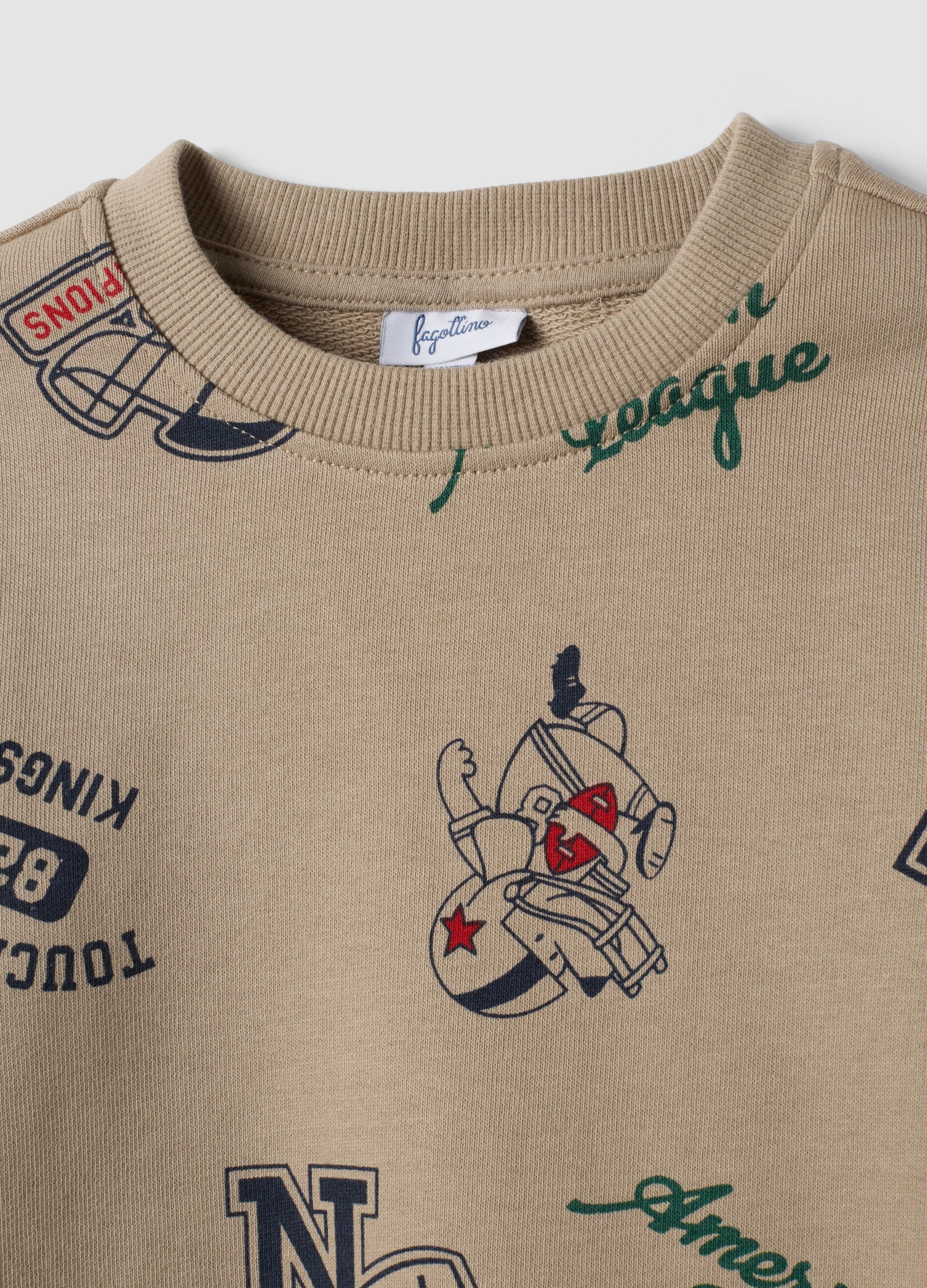 Beige pure cotton crew-neck printed set for baby boy