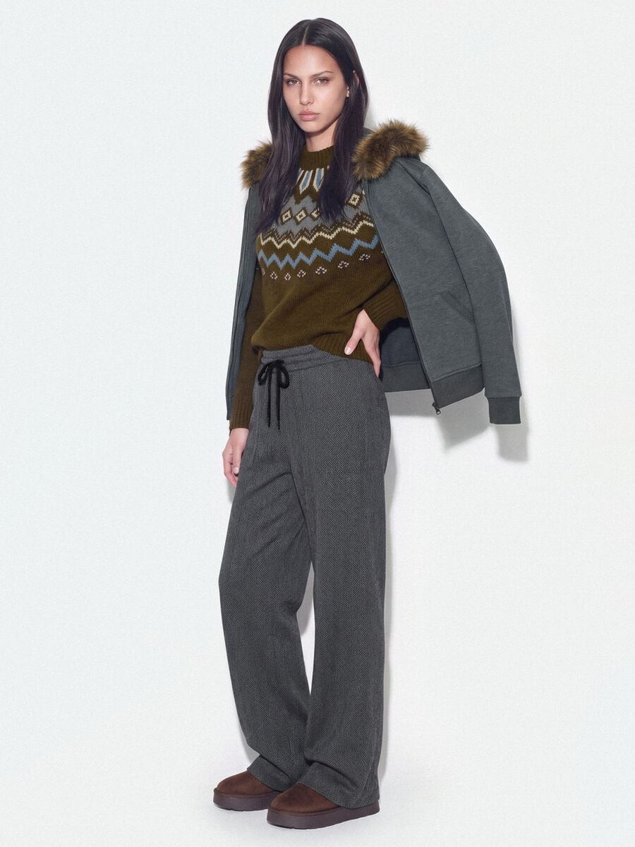 Grey stretch viscose-blend wide-leg joggers with pattern_0