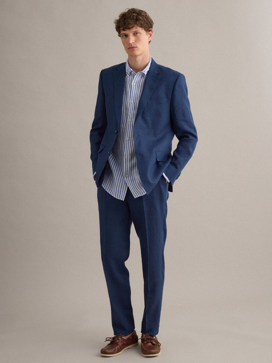 Slim-fit formal trousers in pure blue linen_0